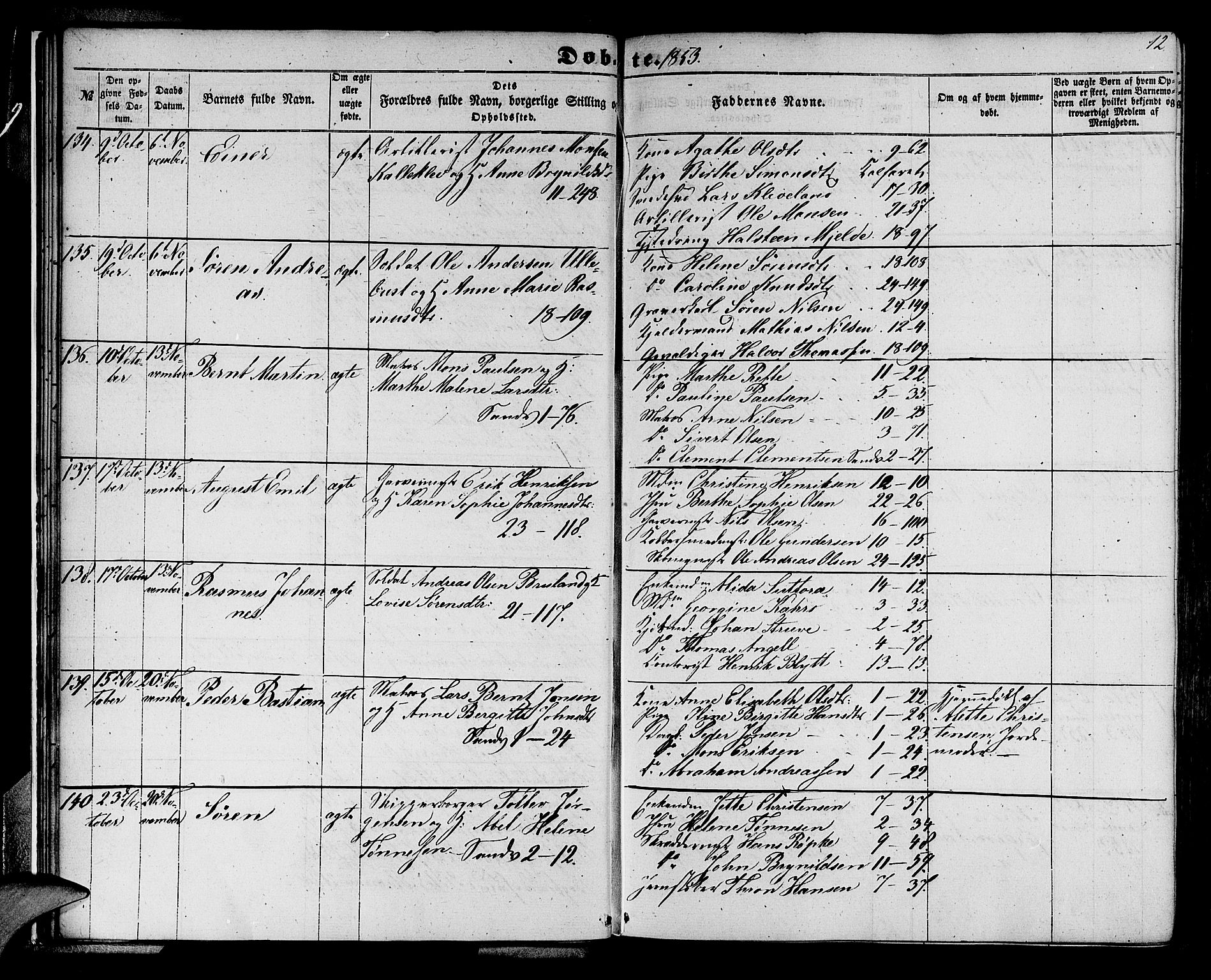 Korskirken sokneprestembete, AV/SAB-A-76101/H/Hab: Parish register (copy) no. B 3, 1853-1858, p. 12