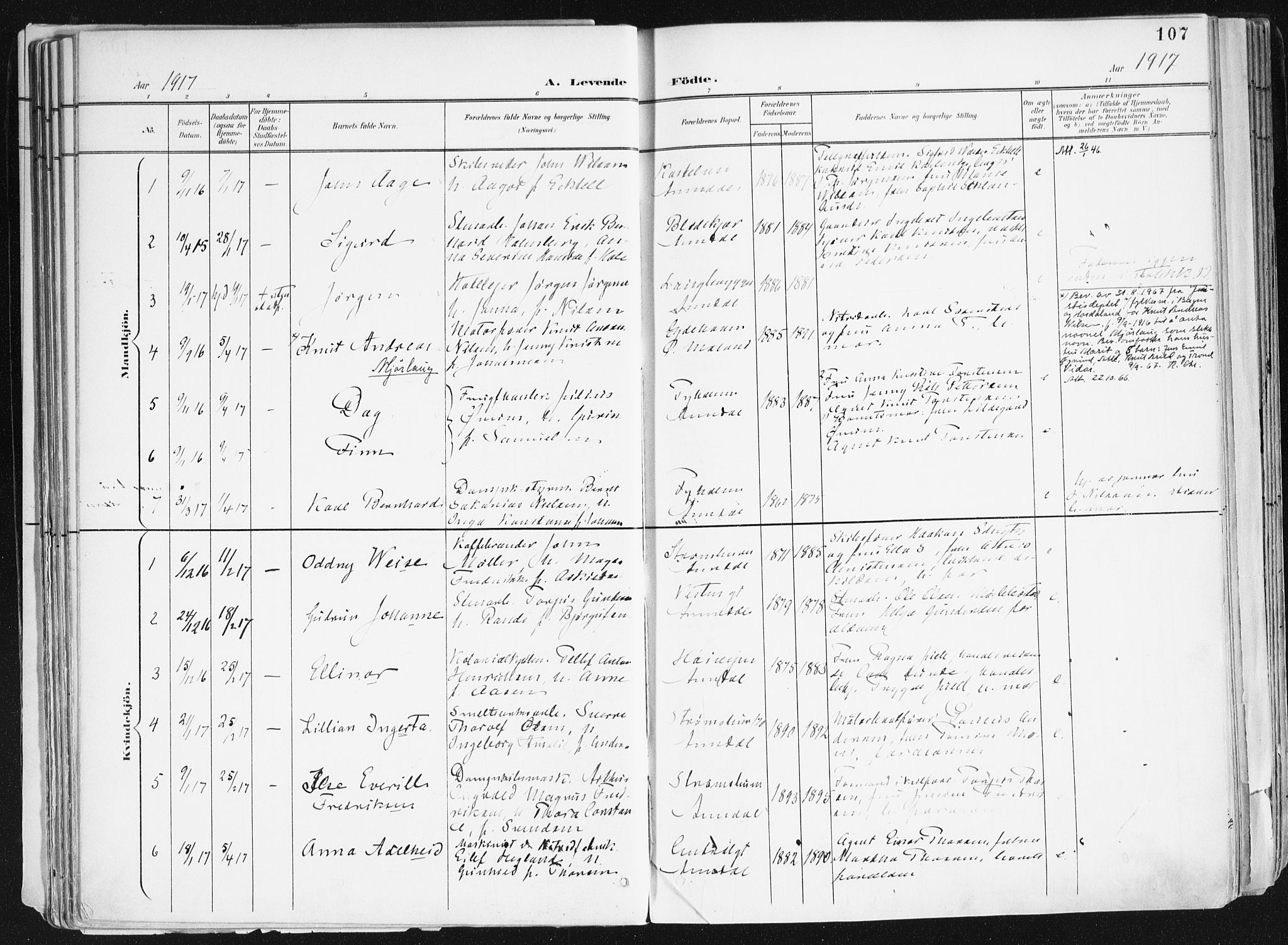 Arendal sokneprestkontor, Trefoldighet, SAK/1111-0040/F/Fa/L0010: Parish register (official) no. A 10, 1900-1919, p. 107