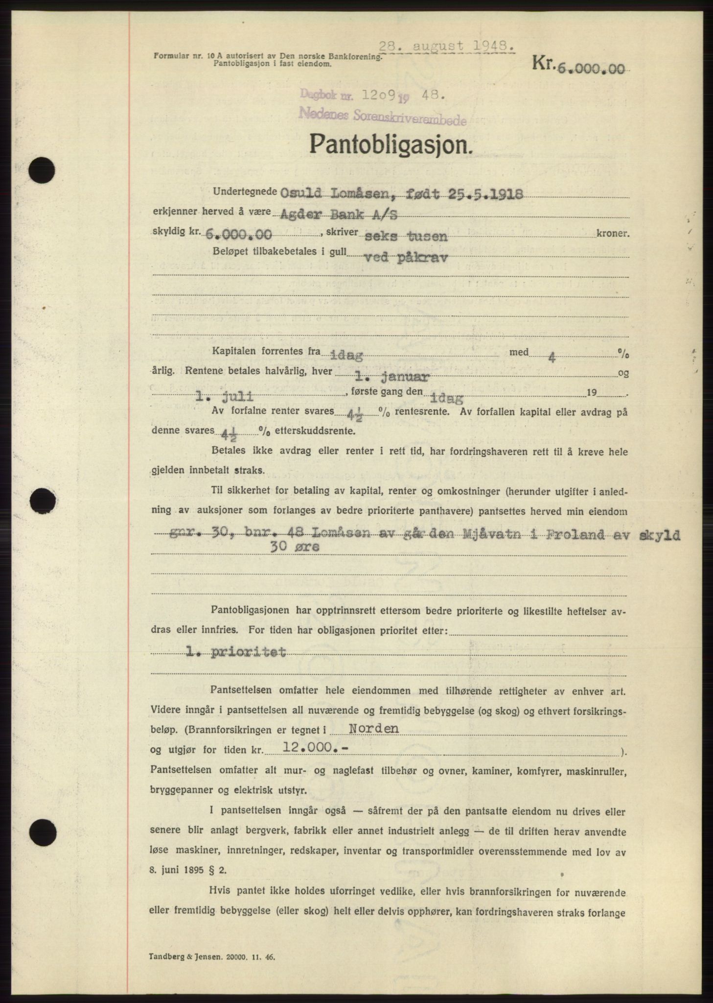 Nedenes sorenskriveri, AV/SAK-1221-0006/G/Gb/Gbb/L0005: Mortgage book no. B5, 1948-1948, Diary no: : 1209/1948