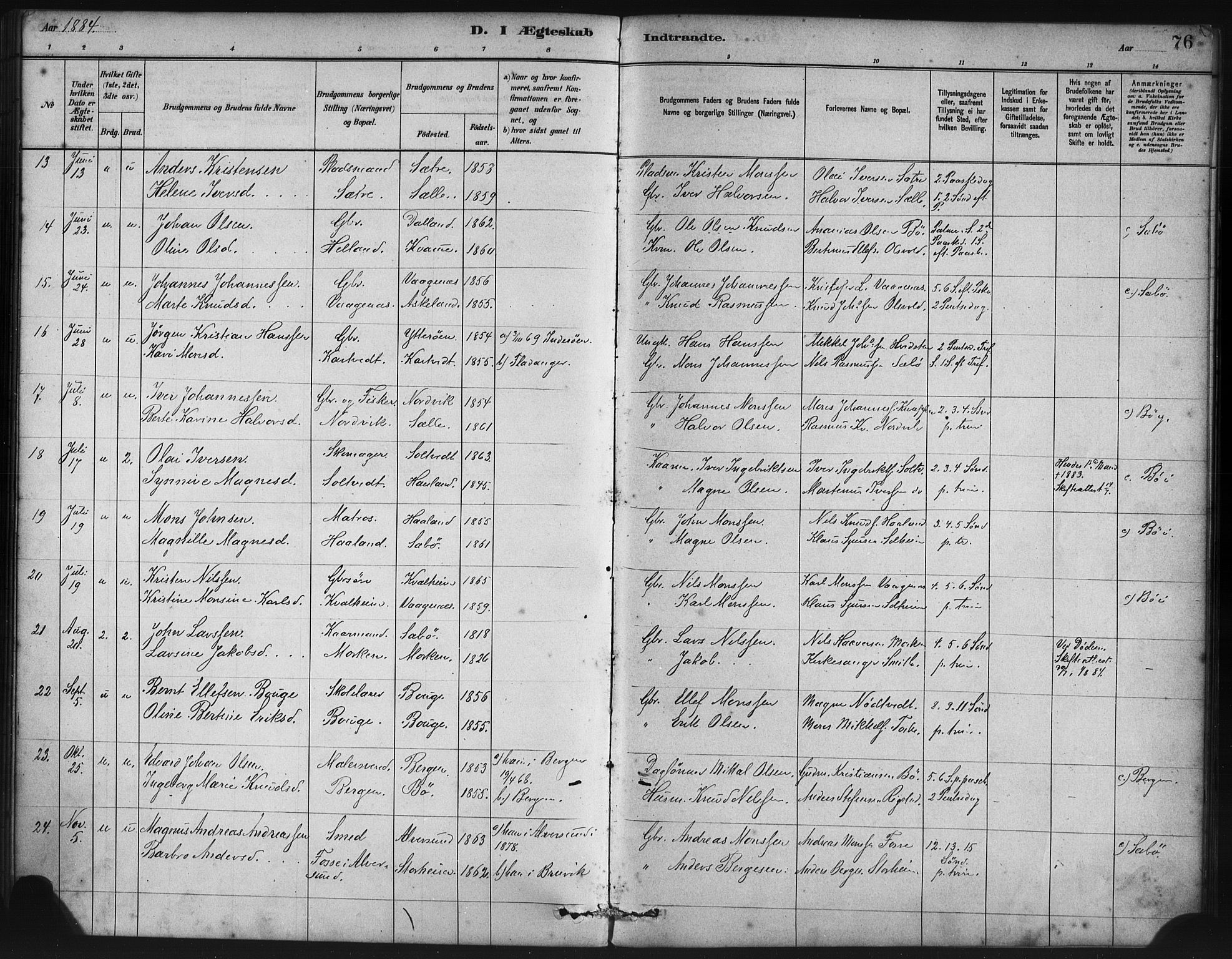 Manger sokneprestembete, SAB/A-76801/H/Haa: Parish register (official) no. B 1, 1881-1892, p. 76
