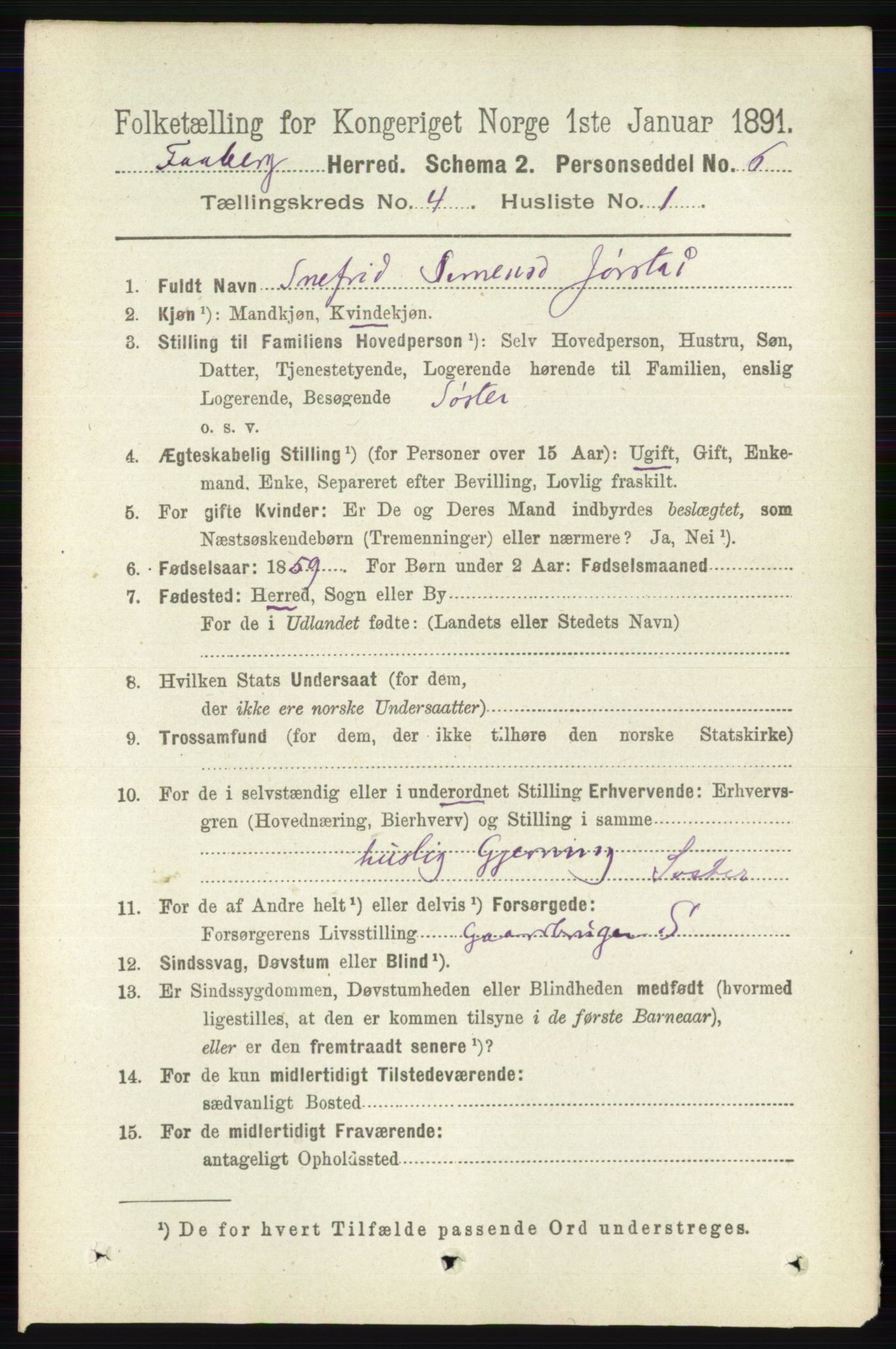 RA, 1891 census for 0524 Fåberg, 1891, p. 1228