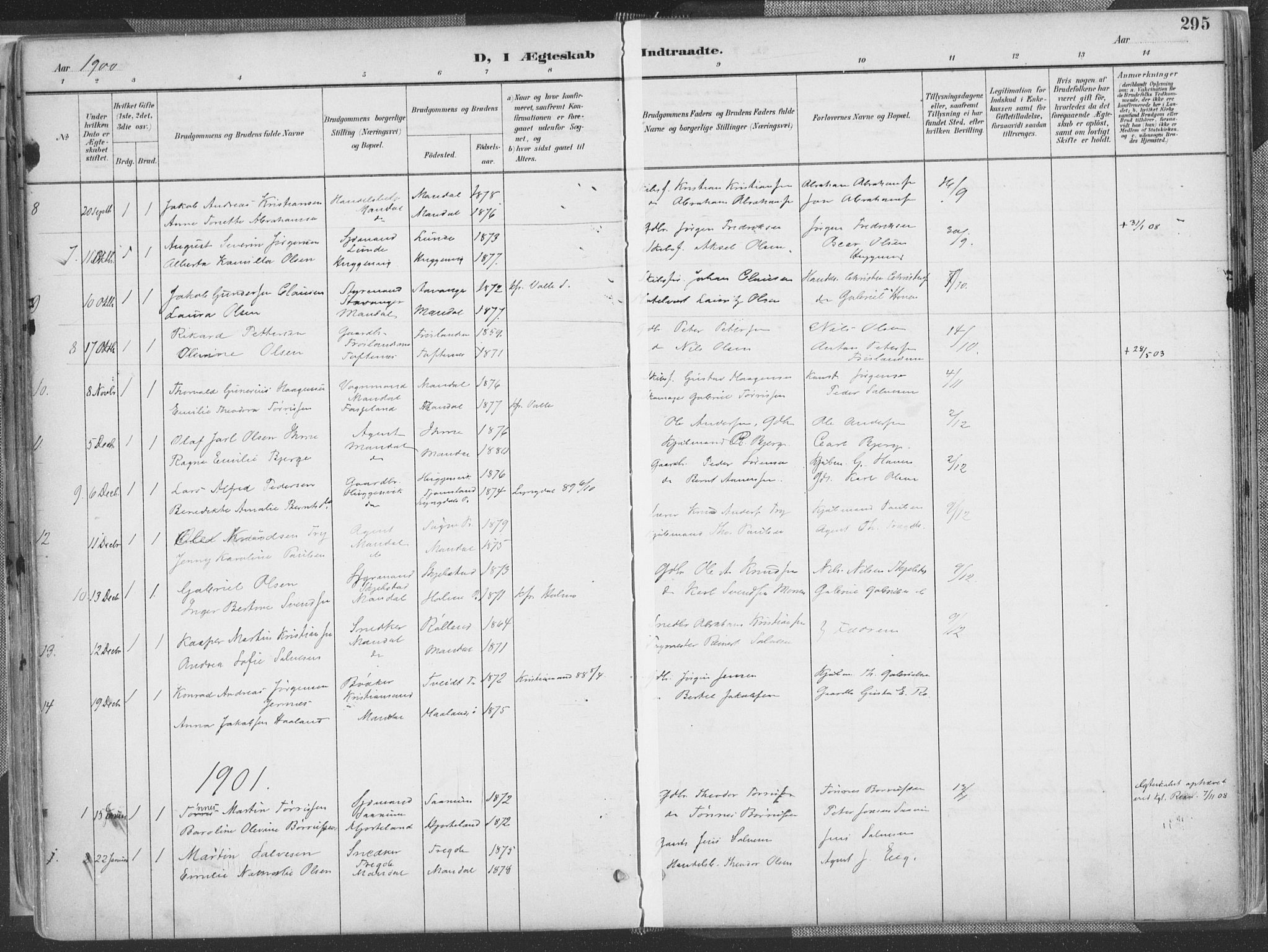 Mandal sokneprestkontor, SAK/1111-0030/F/Fa/Faa/L0018: Parish register (official) no. A 18, 1890-1905, p. 295