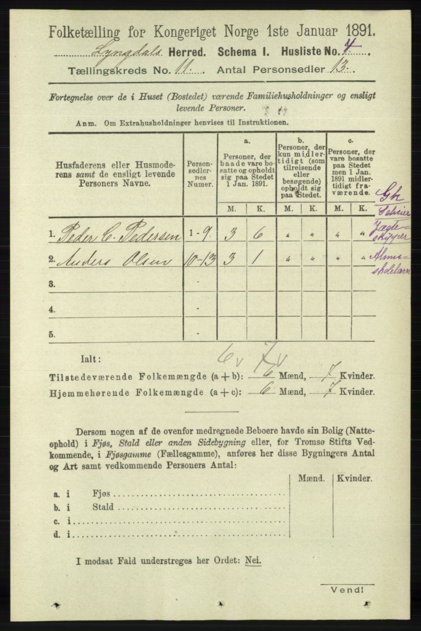 RA, 1891 census for 1032 Lyngdal, 1891, p. 4735