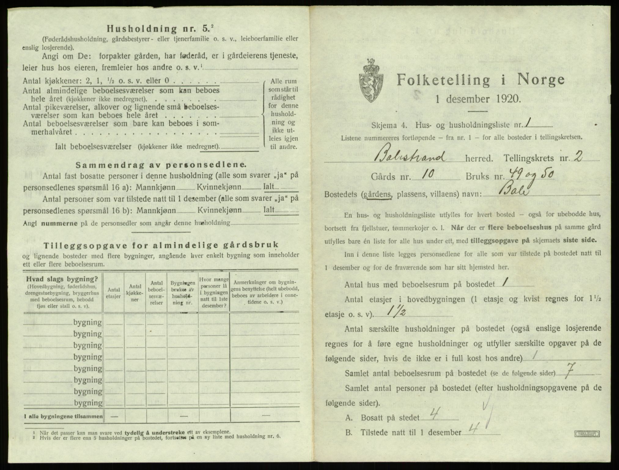 SAB, 1920 census for Balestrand, 1920, p. 134