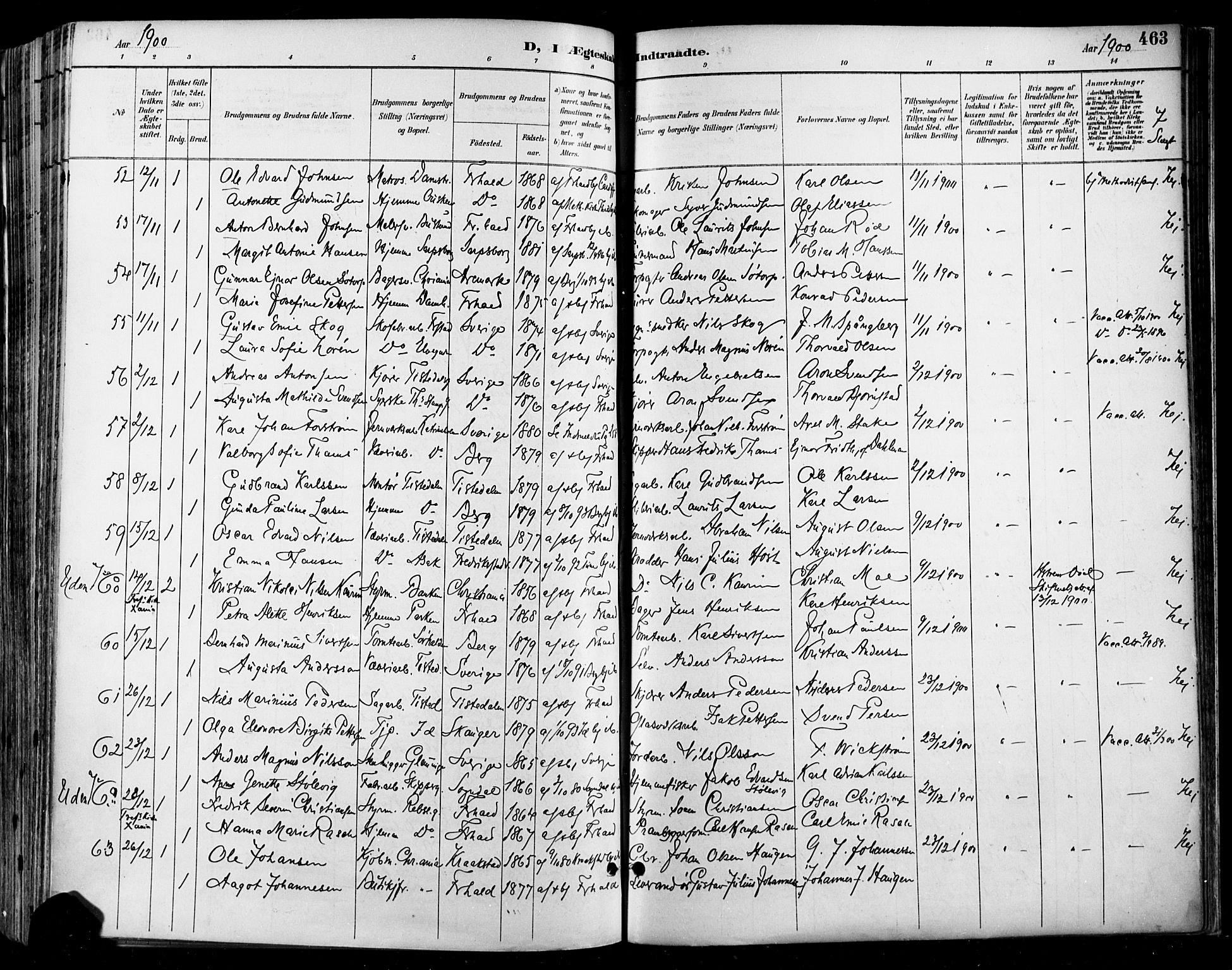 Halden prestekontor Kirkebøker, SAO/A-10909/F/Fa/L0013: Parish register (official) no. I 13, 1890-1906, p. 463