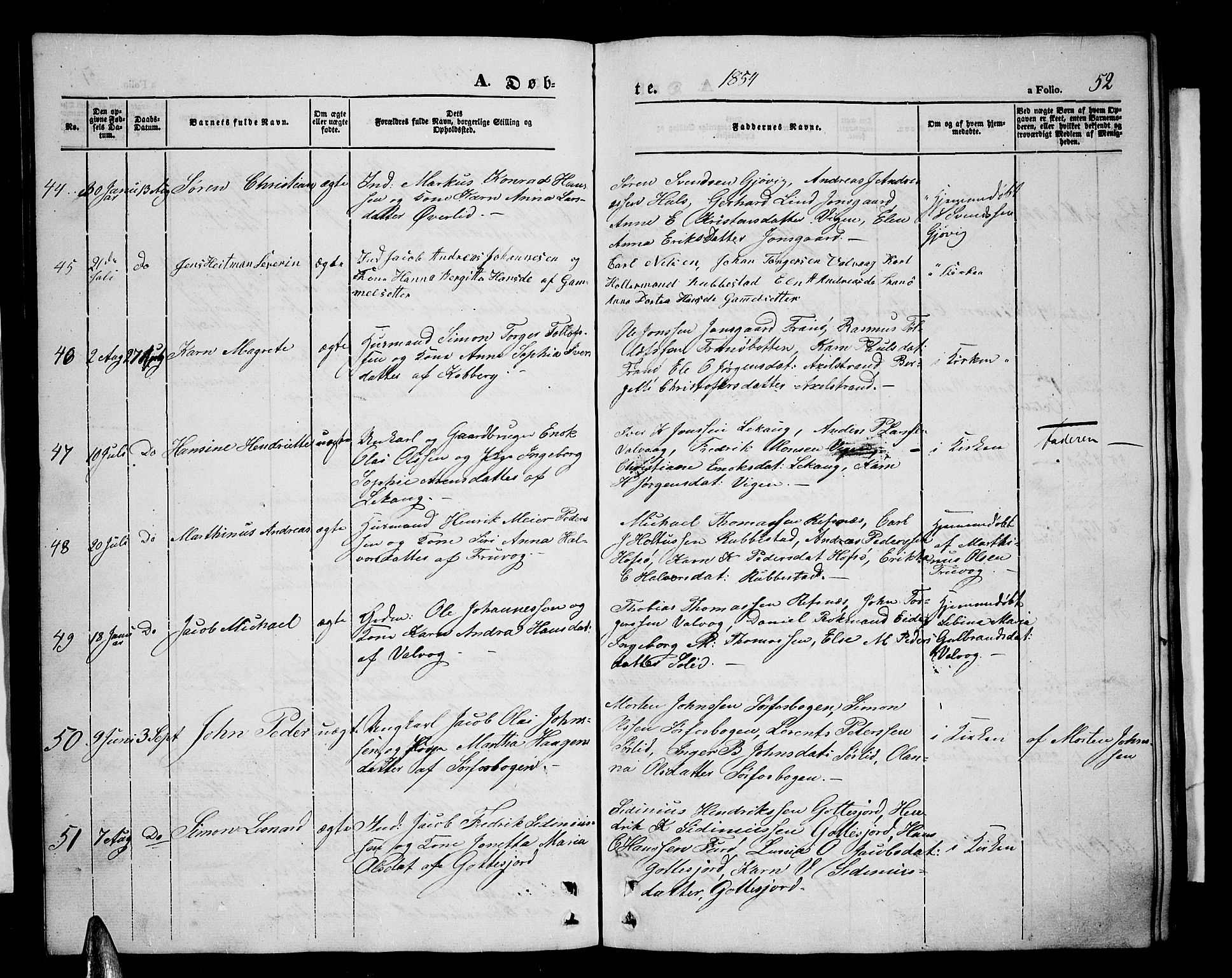 Tranøy sokneprestkontor, SATØ/S-1313/I/Ia/Iab/L0002klokker: Parish register (copy) no. 2, 1847-1860, p. 52