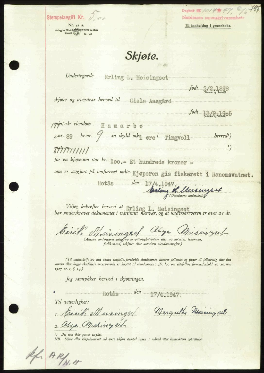 Nordmøre sorenskriveri, AV/SAT-A-4132/1/2/2Ca: Mortgage book no. A104, 1947-1947, Diary no: : 1014/1947