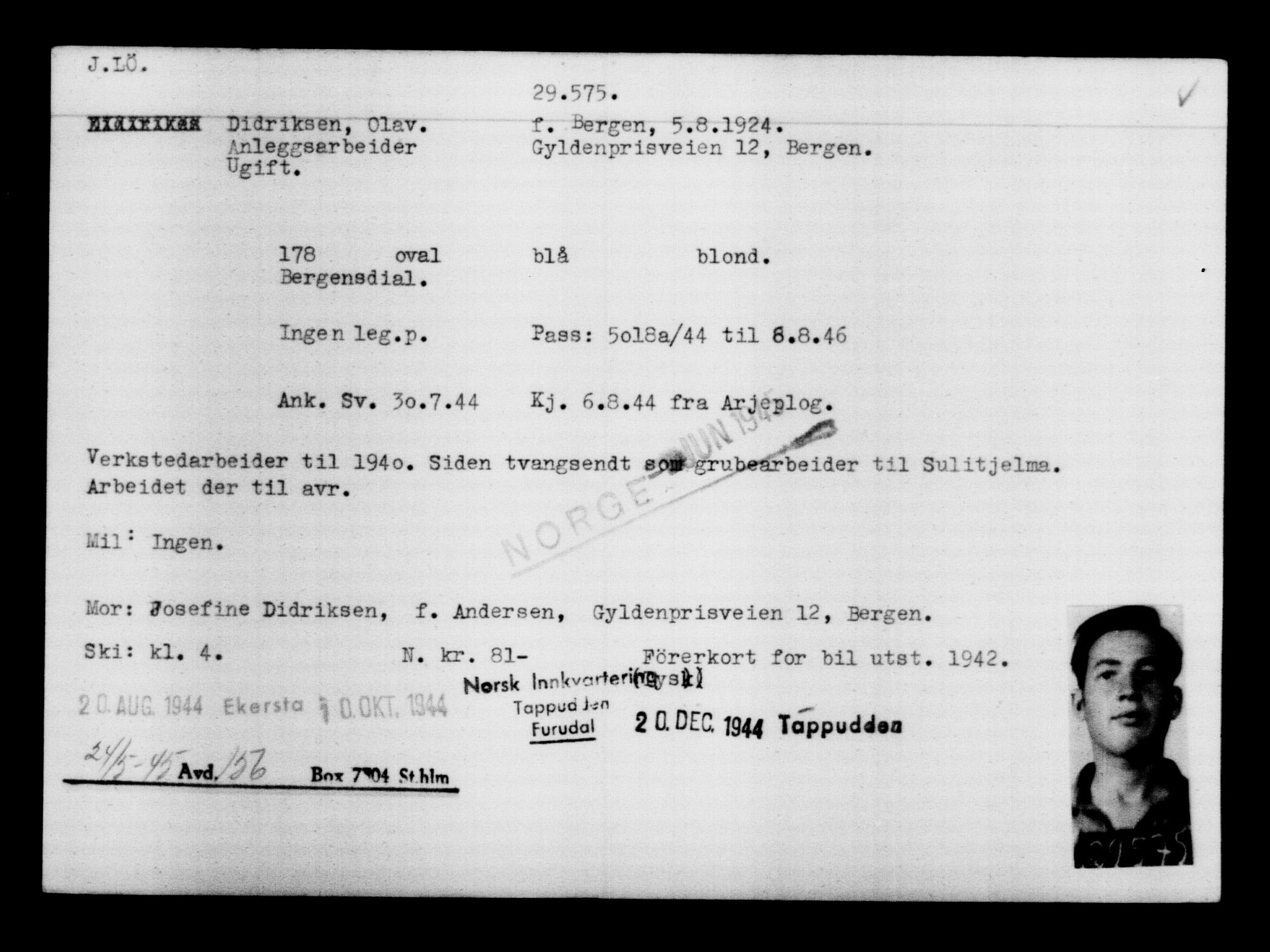 Utenriksstasjonene, Legasjonen i Stockholm, Flyktningkontoret, AV/RA-S-6753/V/Va/L0012: Kjesäterkartoteket, flyktninger med registreringsnr. 28300-31566, 1940-1945, p. 1397