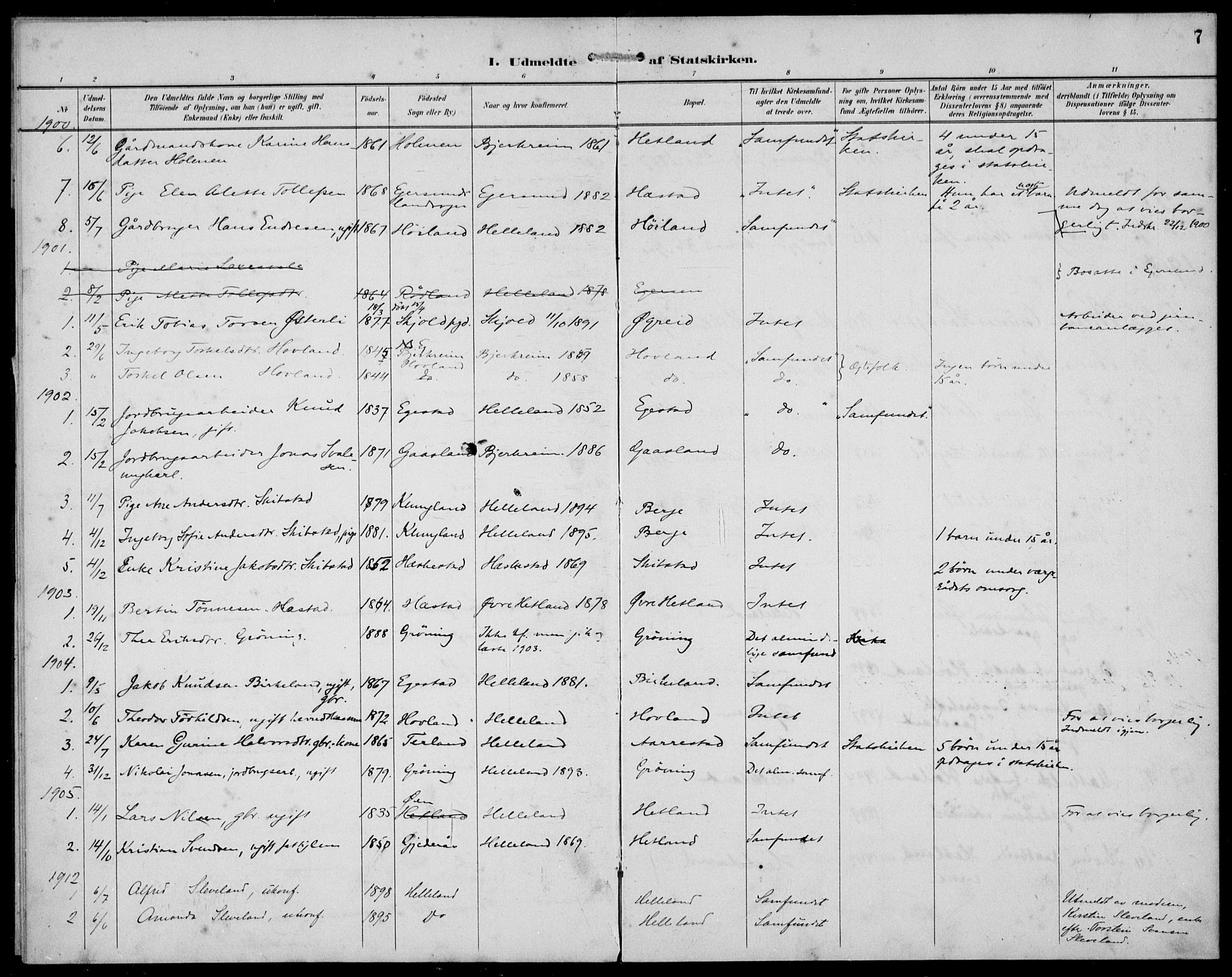 Helleland sokneprestkontor, SAST/A-101810: Parish register (official) no. A 10, 1892-1929, p. 7