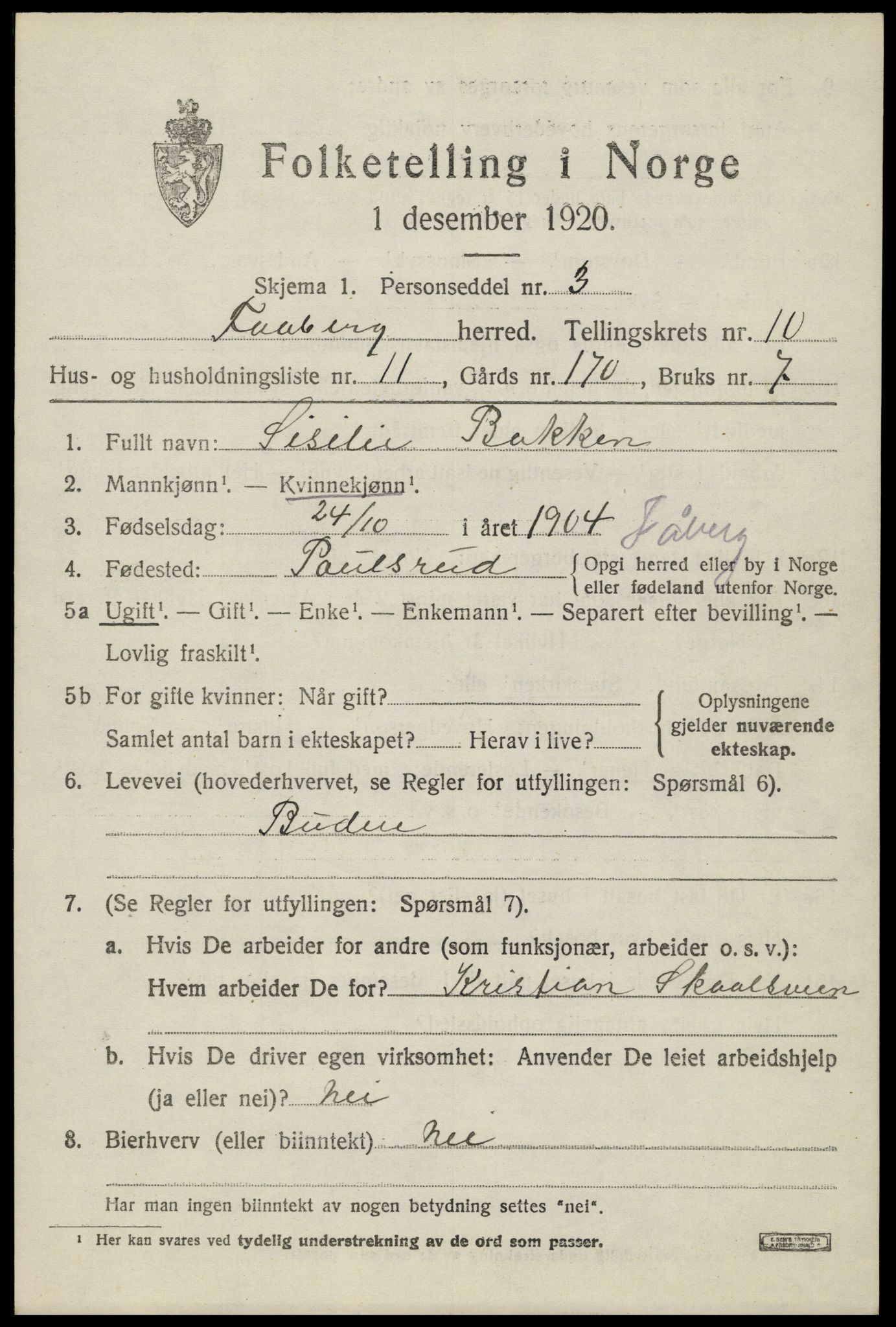 SAH, 1920 census for Fåberg, 1920, p. 11764