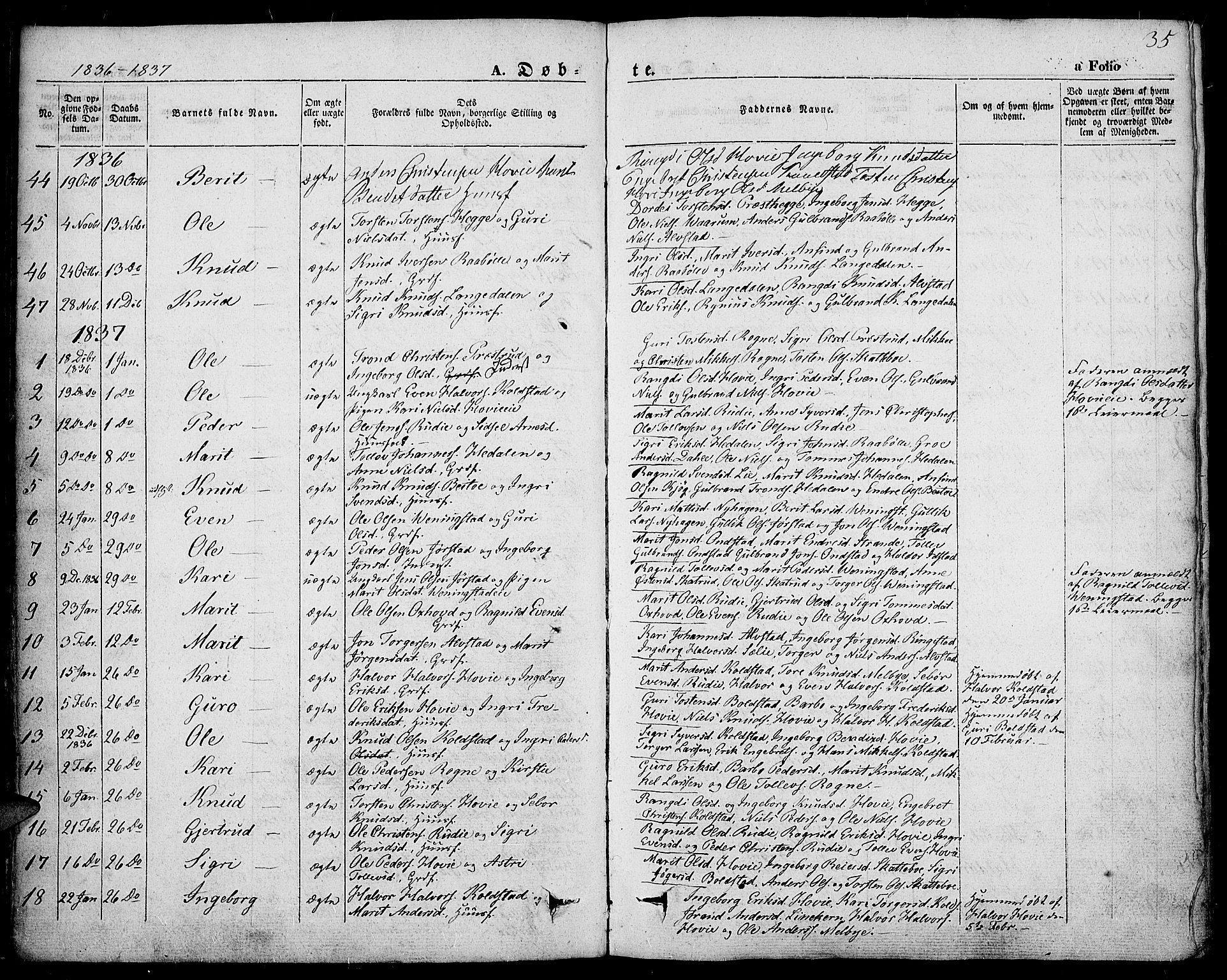 Slidre prestekontor, SAH/PREST-134/H/Ha/Haa/L0004: Parish register (official) no. 4, 1831-1848, p. 35