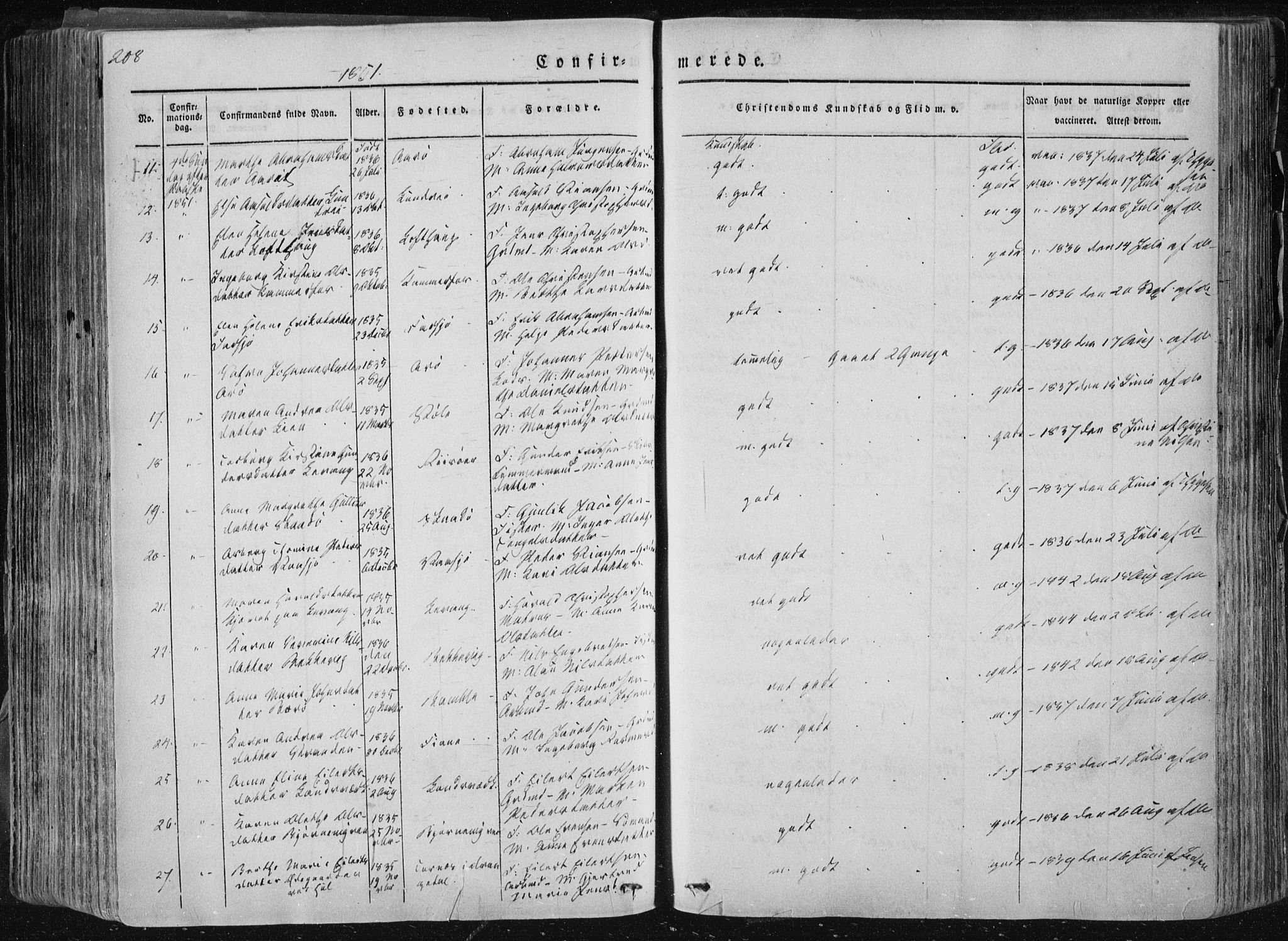 Sannidal kirkebøker, SAKO/A-296/F/Fa/L0007: Parish register (official) no. 7, 1831-1854, p. 208