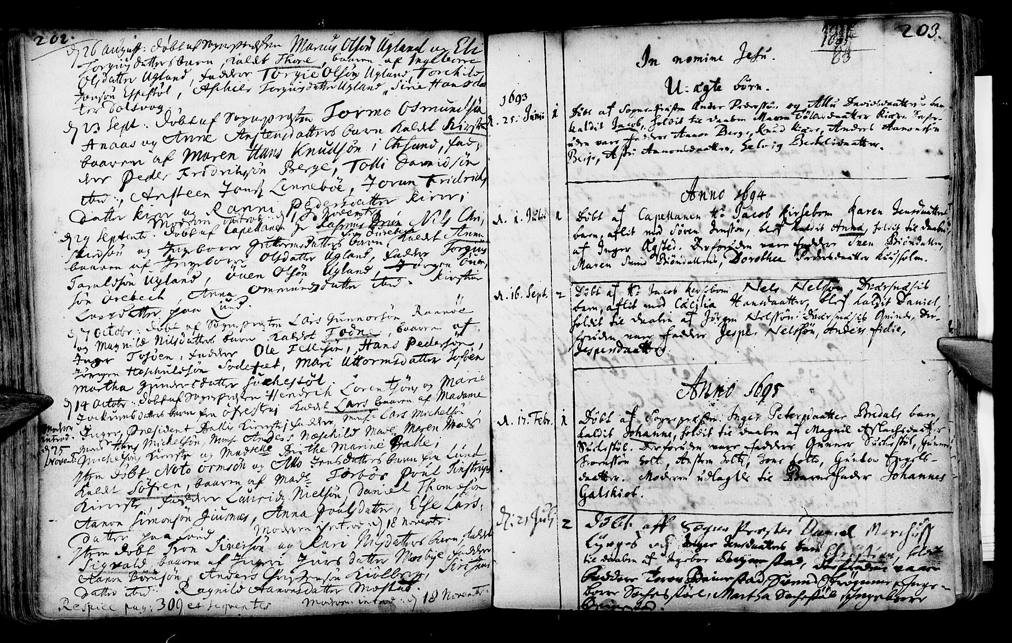 Oddernes sokneprestkontor, SAK/1111-0033/F/Fa/Faa/L0001: Parish register (official) no. A 1, 1692-1718, p. 202-203