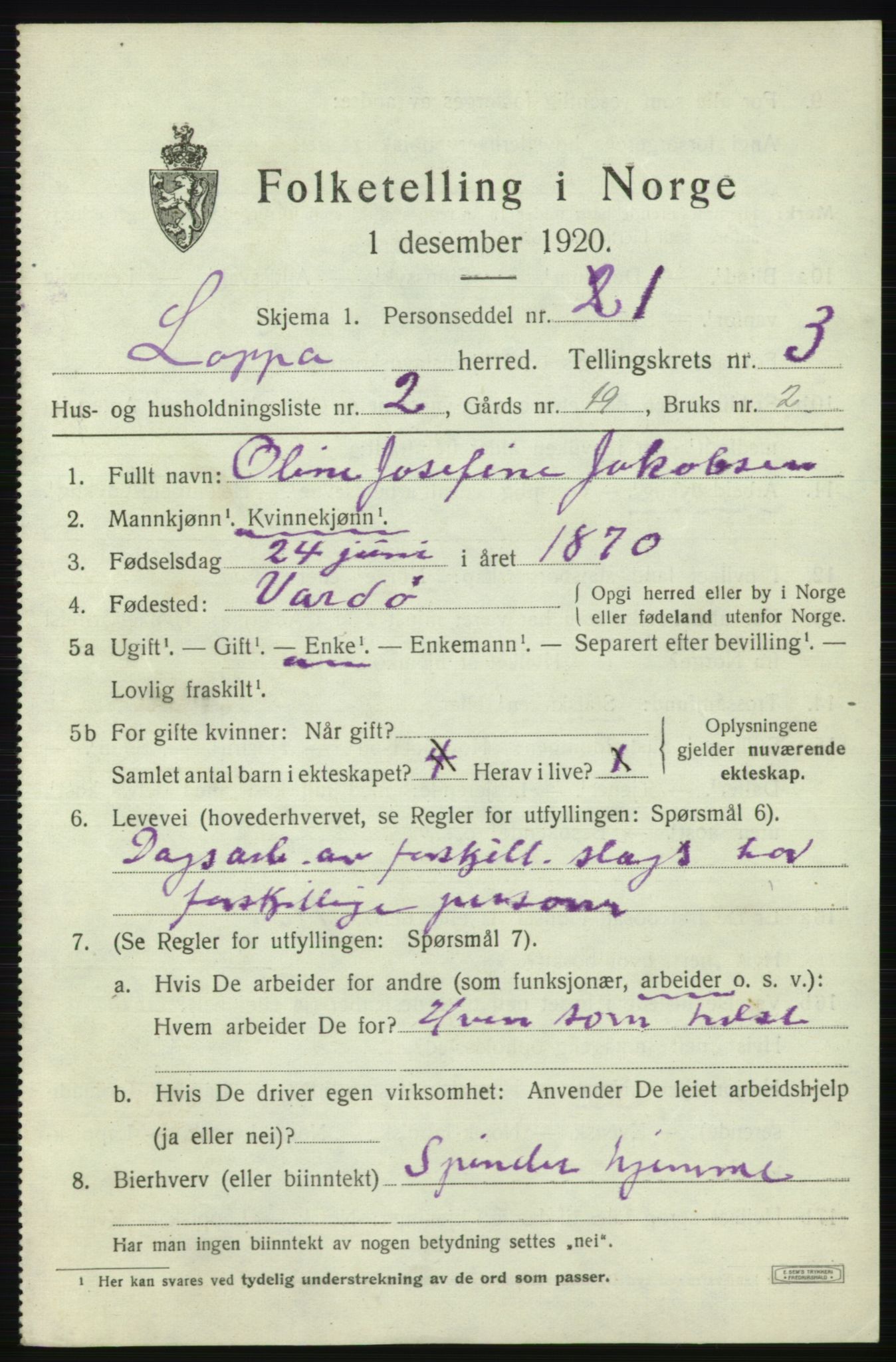 SATØ, 1920 census for Loppa, 1920, p. 1030