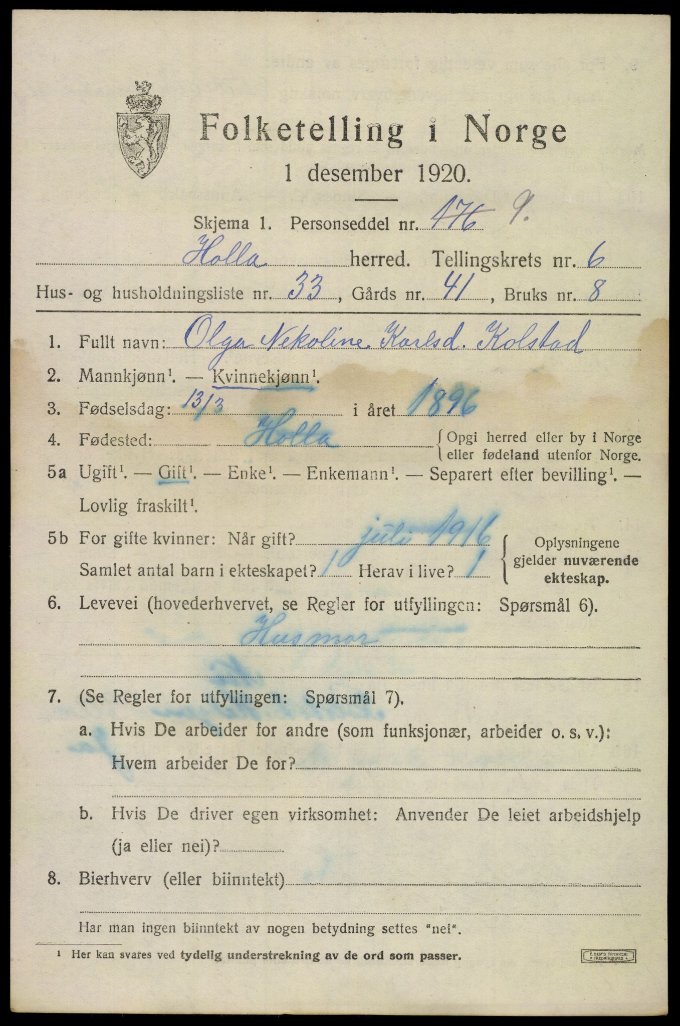 SAKO, 1920 census for Holla, 1920, p. 4759