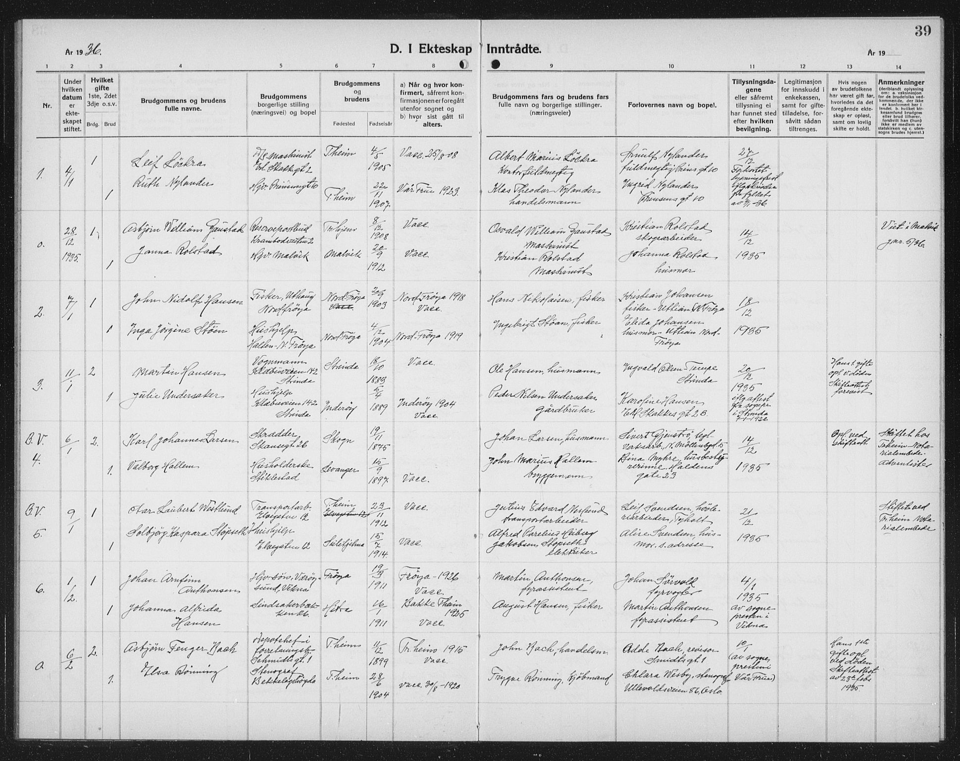 Ministerialprotokoller, klokkerbøker og fødselsregistre - Sør-Trøndelag, AV/SAT-A-1456/602/L0152: Parish register (copy) no. 602C20, 1933-1940, p. 39