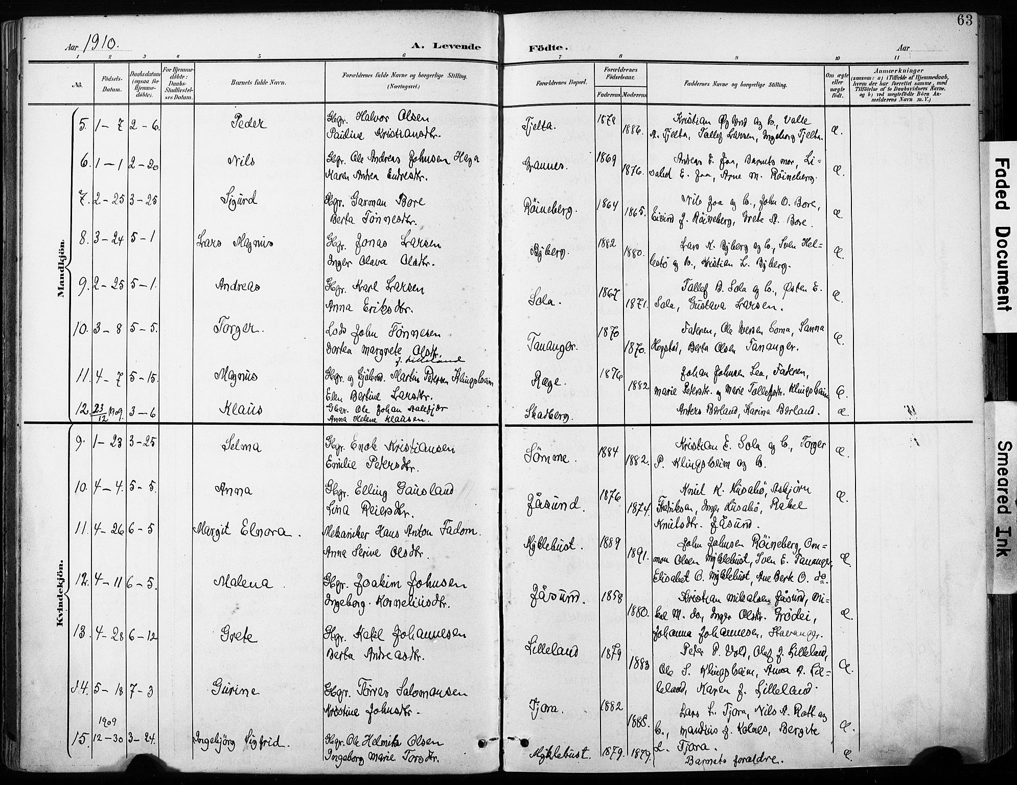 Håland sokneprestkontor, AV/SAST-A-101802/001/30BA/L0013: Parish register (official) no. A 12, 1901-1913, p. 63