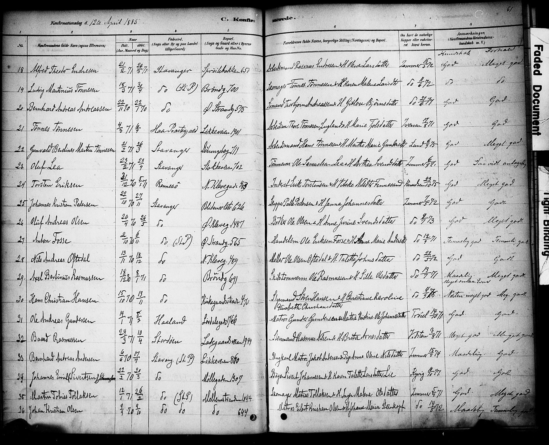 Domkirken sokneprestkontor, SAST/A-101812/001/30/30BA/L0028: Parish register (official) no. A 27, 1878-1896, p. 61