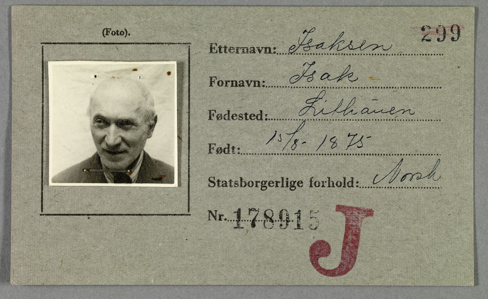Sosialdepartementet, Våre Falne, RA/S-1708/E/Ee/L0021A: Fotografier av jøder på legitimasjonskort (1941-42), 1941-1942, p. 167