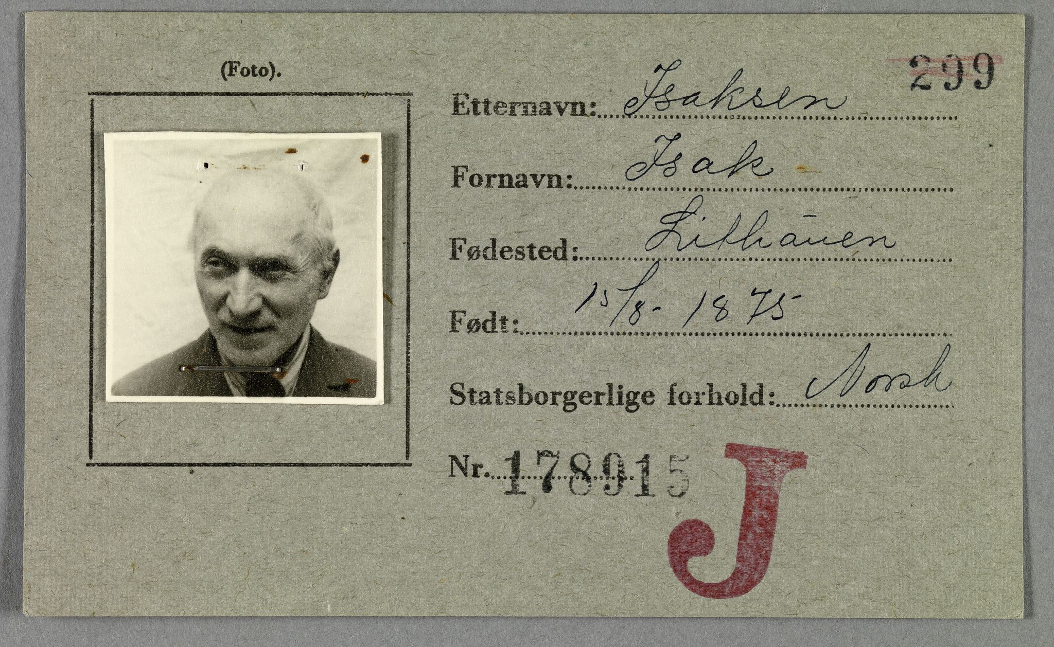 Sosialdepartementet, Våre Falne, AV/RA-S-1708/E/Ee/L0021A: Fotografier av jøder på legitimasjonskort (1941-42), 1941-1942, p. 167