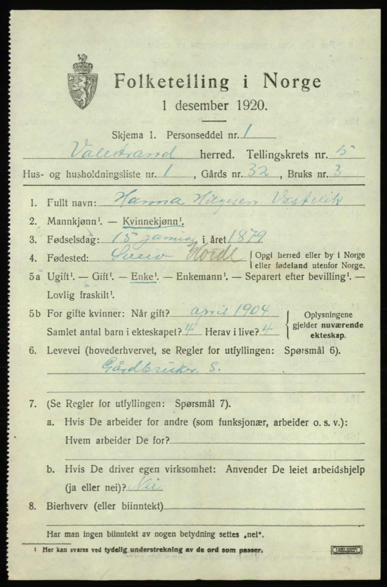 SAB, 1920 census for Valestrand, 1920, p. 2037