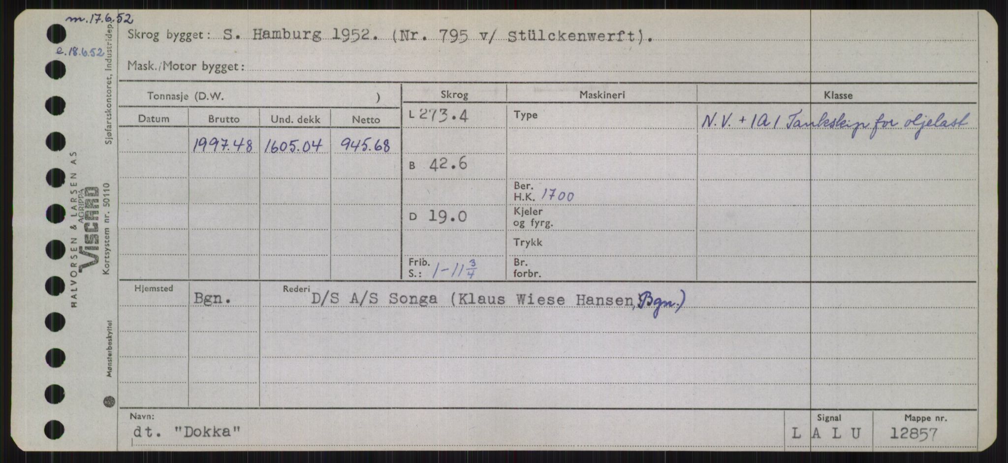 Sjøfartsdirektoratet med forløpere, Skipsmålingen, RA/S-1627/H/Hb/L0001: Fartøy, A-D, p. 507