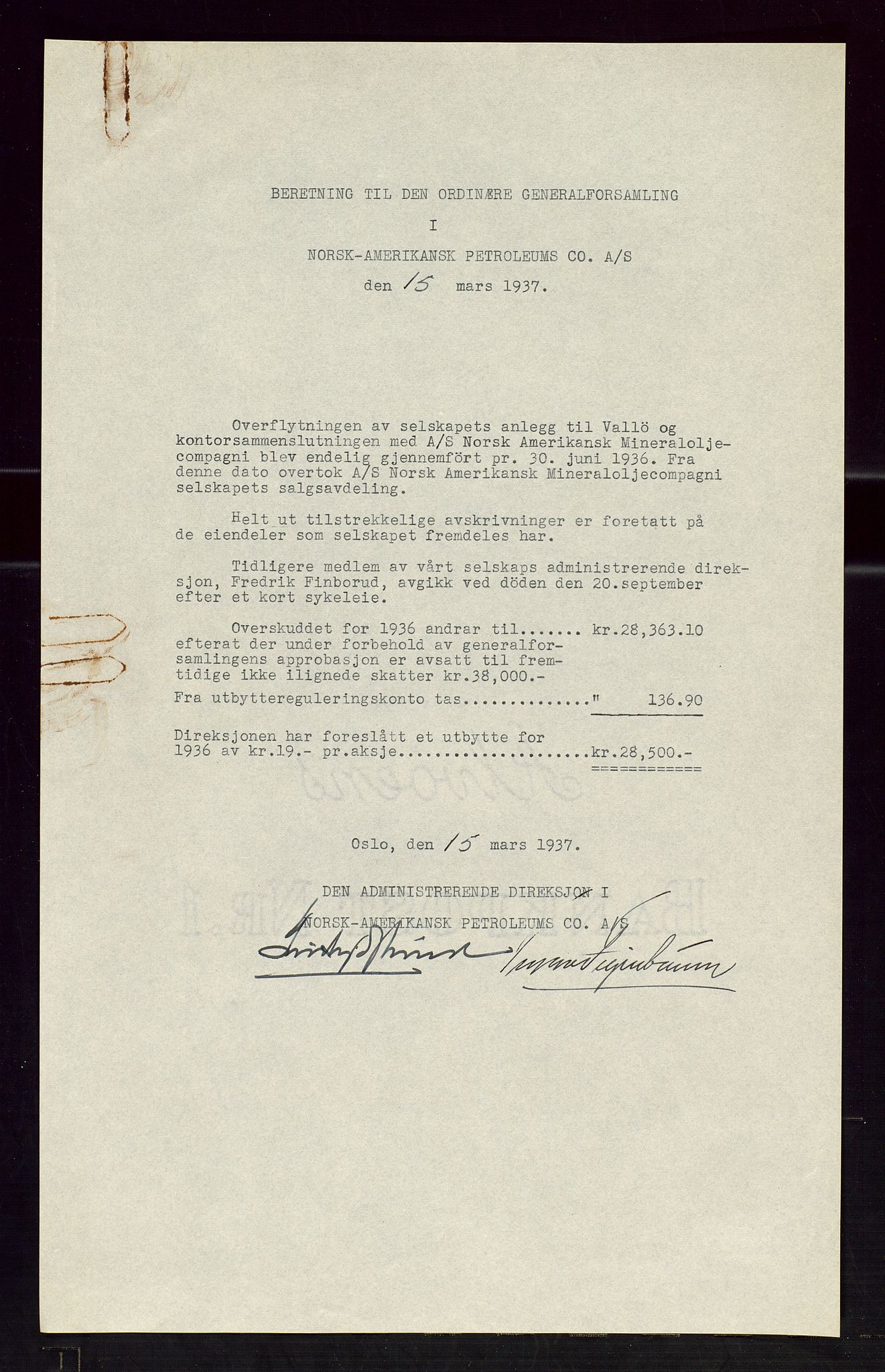 PA 1535 - Norsk-Amerikansk Petroleumscompani A/S, AV/SAST-A-101955/A/Aa/L0001/0003: Styre- og generalforsamlingsprotokoller / Ordinære og ekstraordinære generalforsamlinger i Norsk Amerikansk Petroleumsco., Norsk Amerikansk Mineraloljeco., Vestlandske Petroleumsco. 1934 og 1937, 1934-1937, p. 20