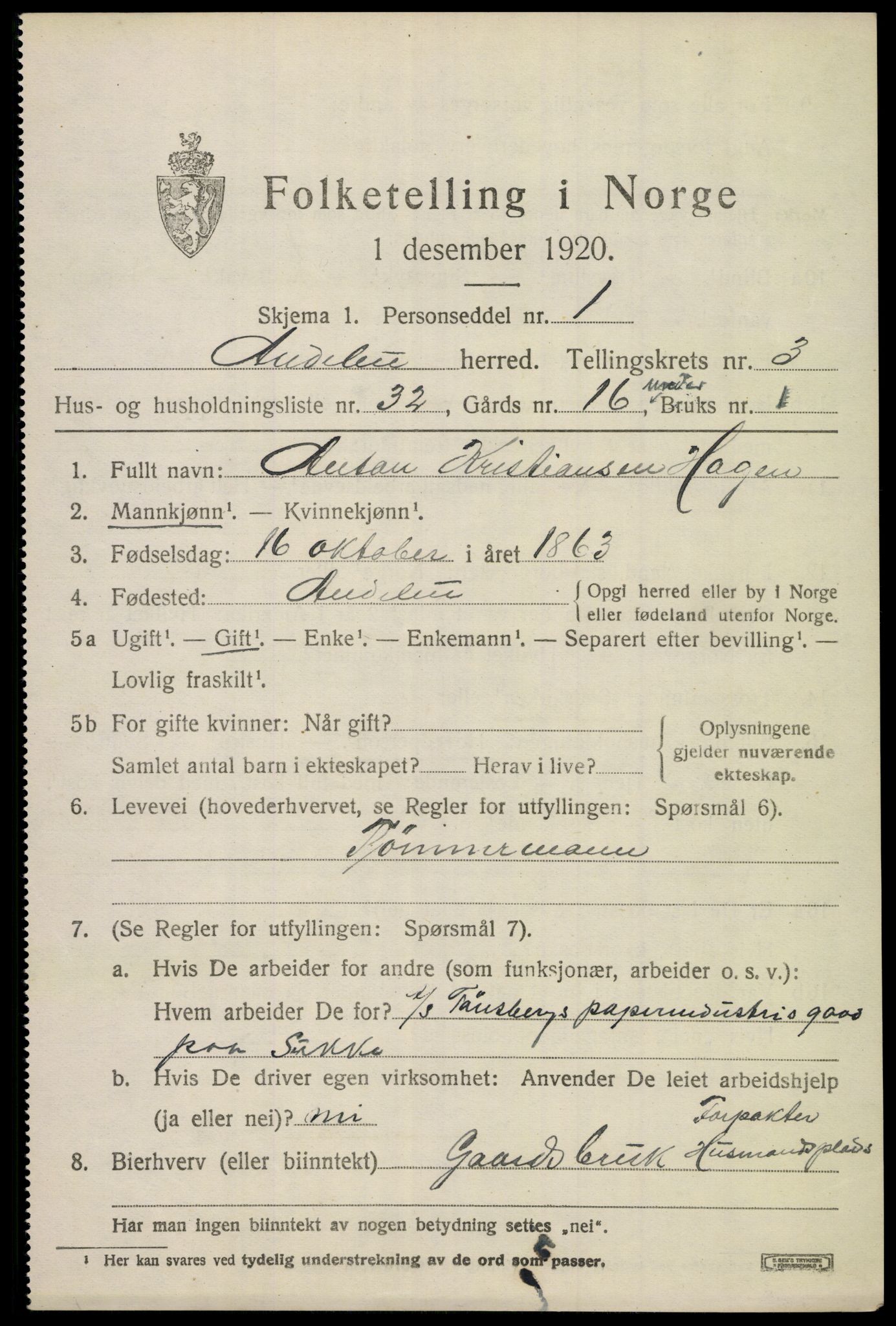 SAKO, 1920 census for Andebu, 1920, p. 2230