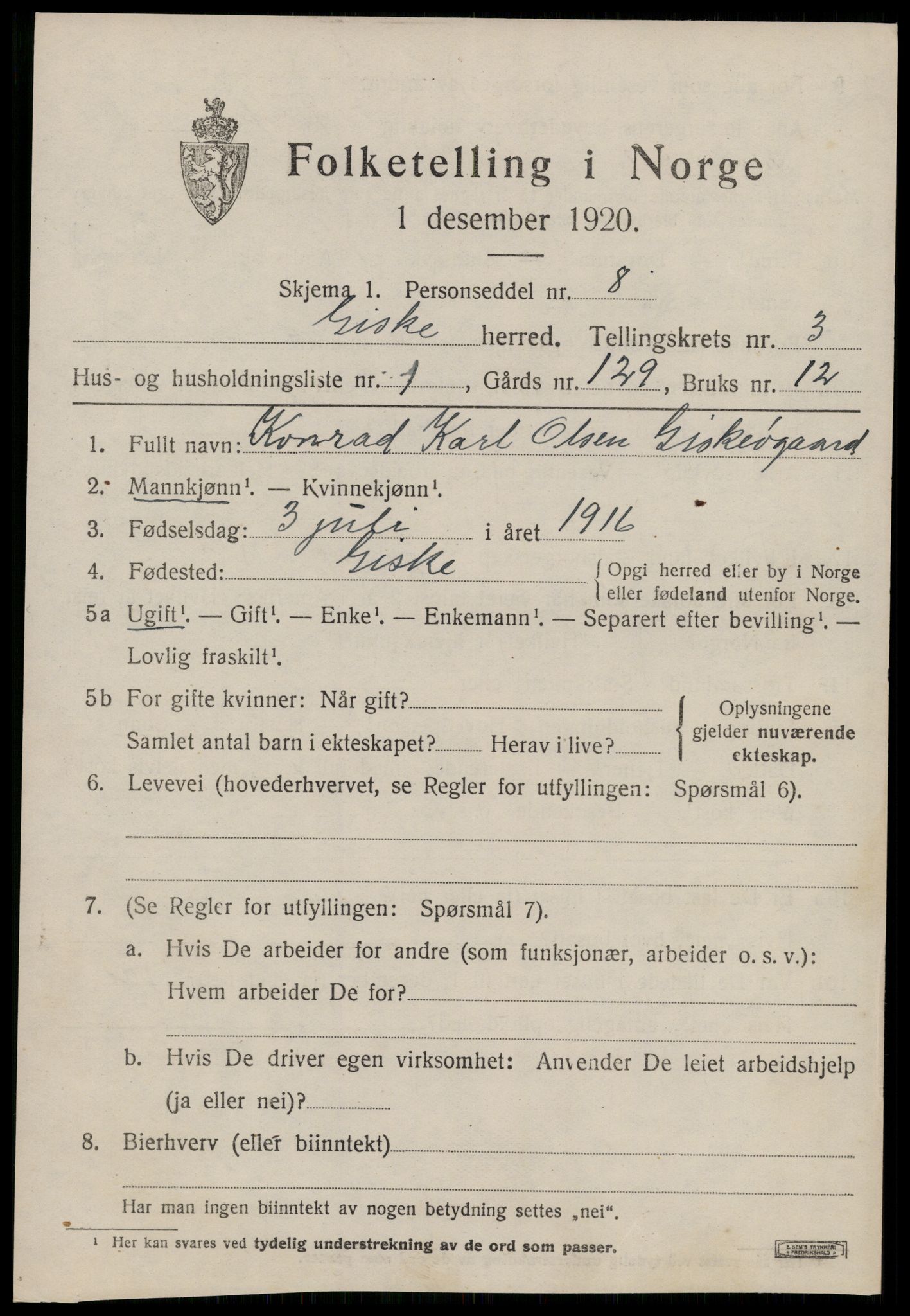 SAT, 1920 census for Giske, 1920, p. 1674