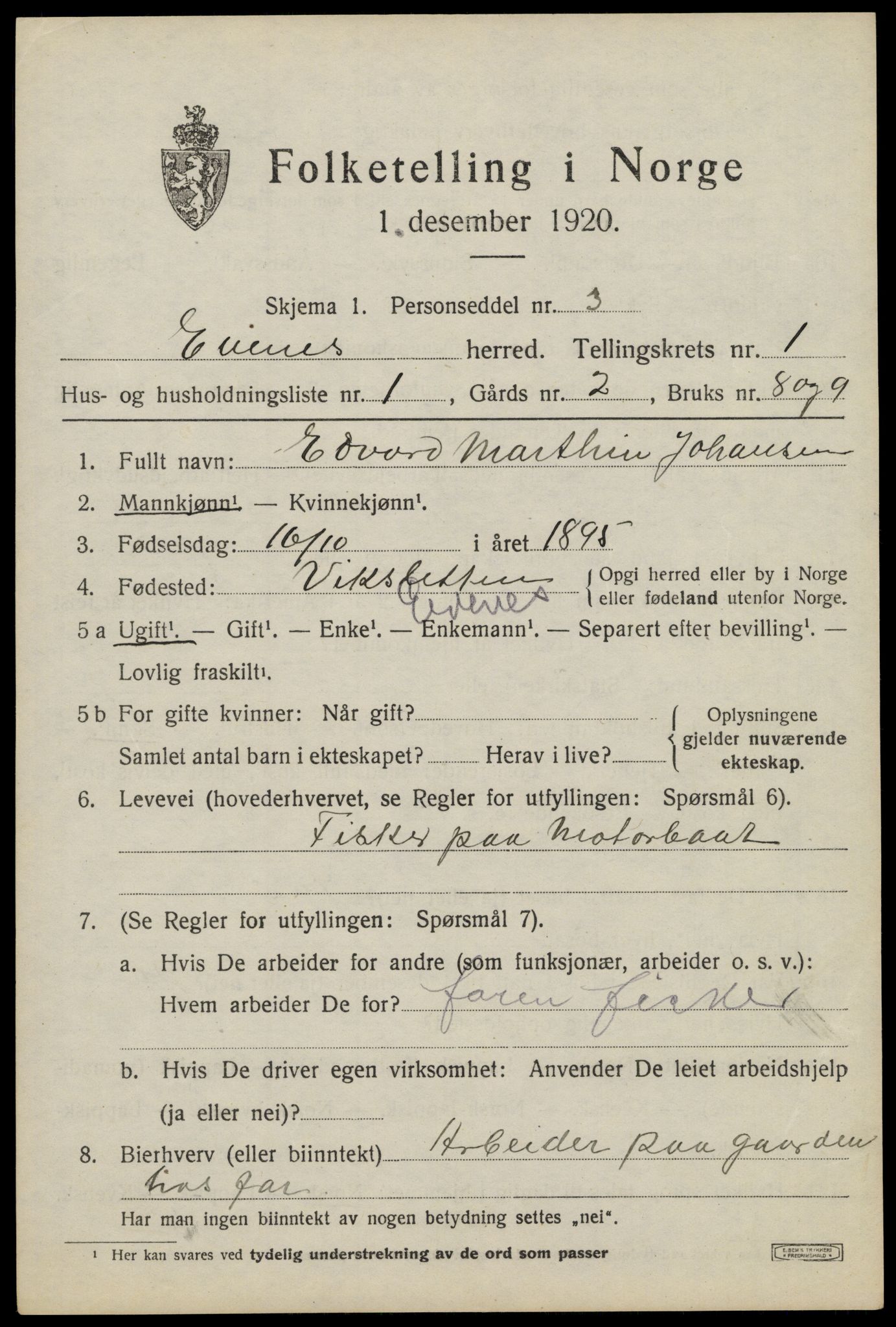 SAT, 1920 census for Evenes, 1920, p. 1740