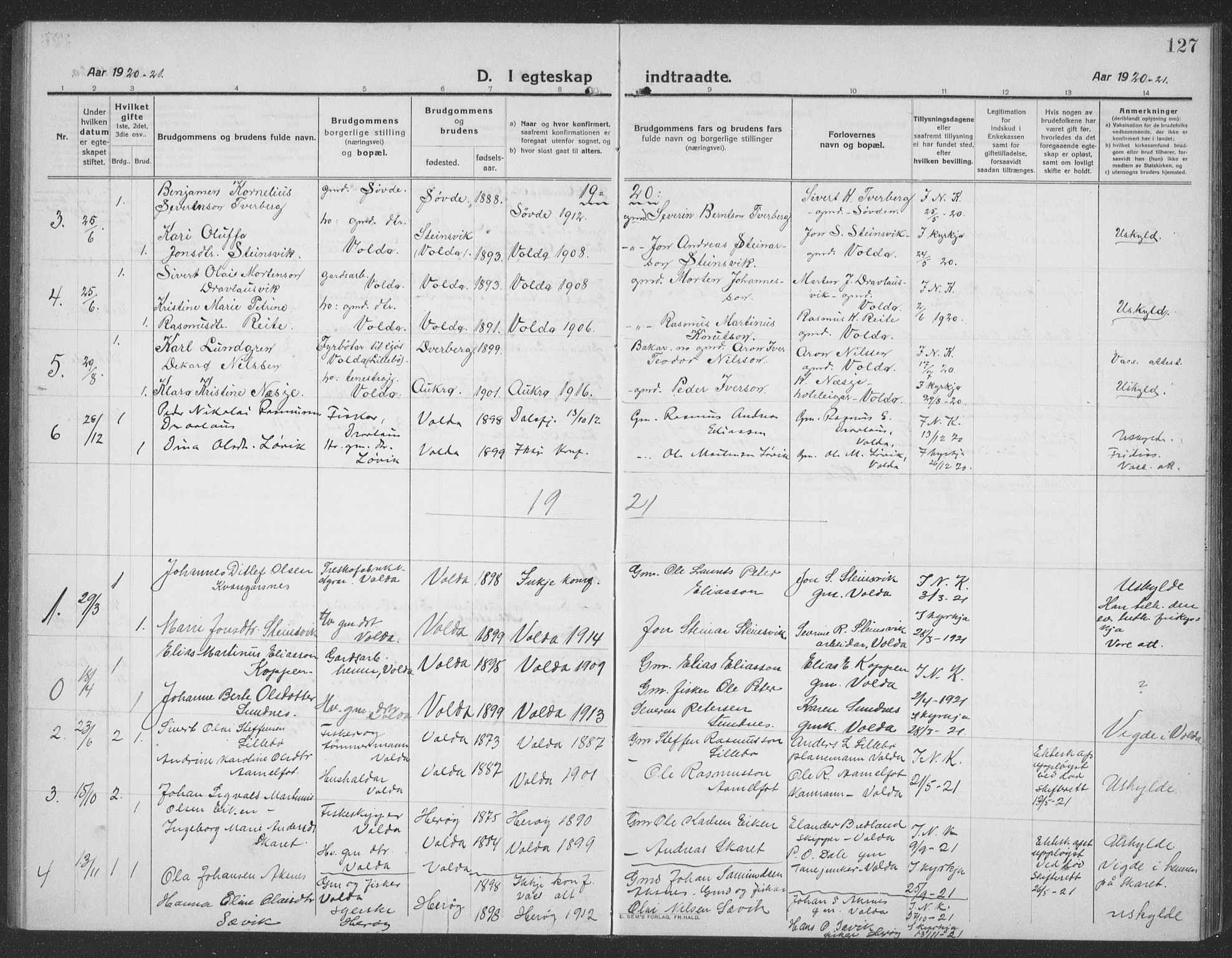 Ministerialprotokoller, klokkerbøker og fødselsregistre - Møre og Romsdal, SAT/A-1454/512/L0169: Parish register (copy) no. 512C01, 1910-1935, p. 127