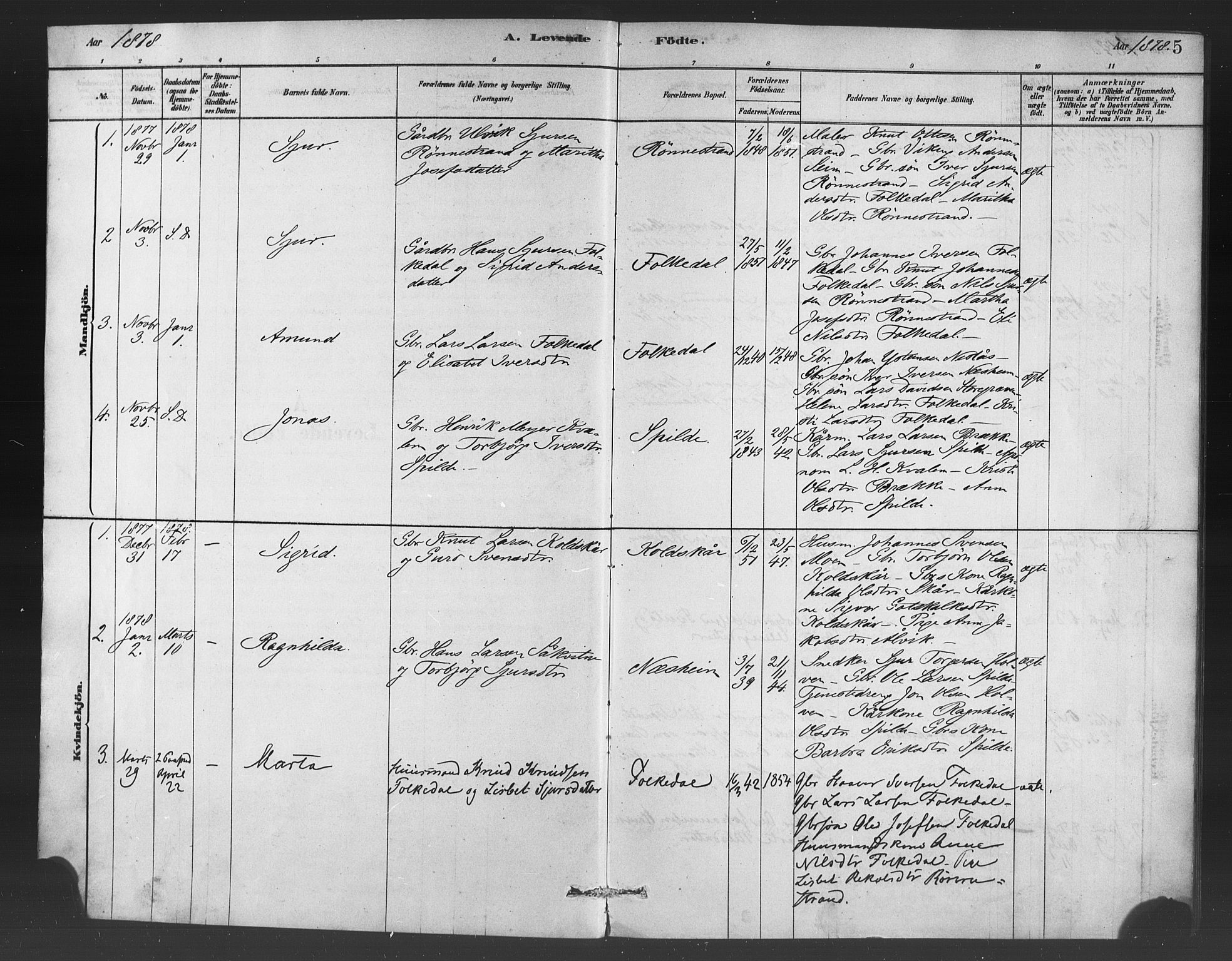 Ulvik sokneprestembete, SAB/A-78801/H/Haa: Parish register (official) no. C 1, 1878-1903, p. 5