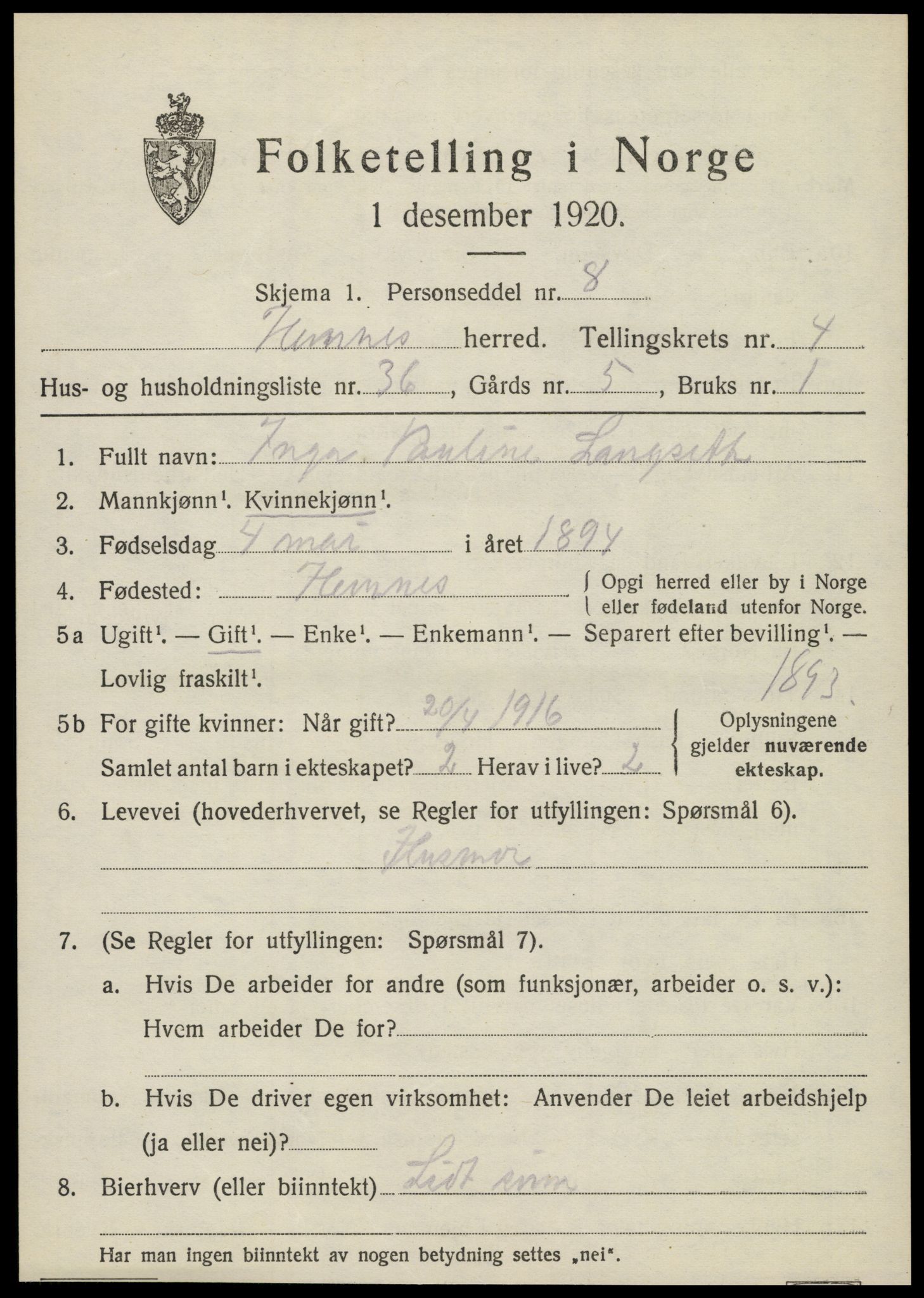 SAT, 1920 census for Hemnes, 1920, p. 5934