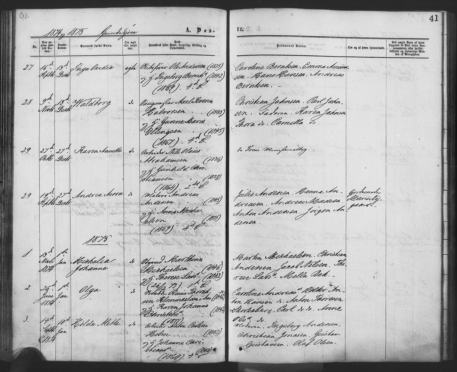 Drøbak prestekontor Kirkebøker, AV/SAO-A-10142a/F/Fa/L0003: Parish register (official) no. I 3, 1871-1877, p. 41