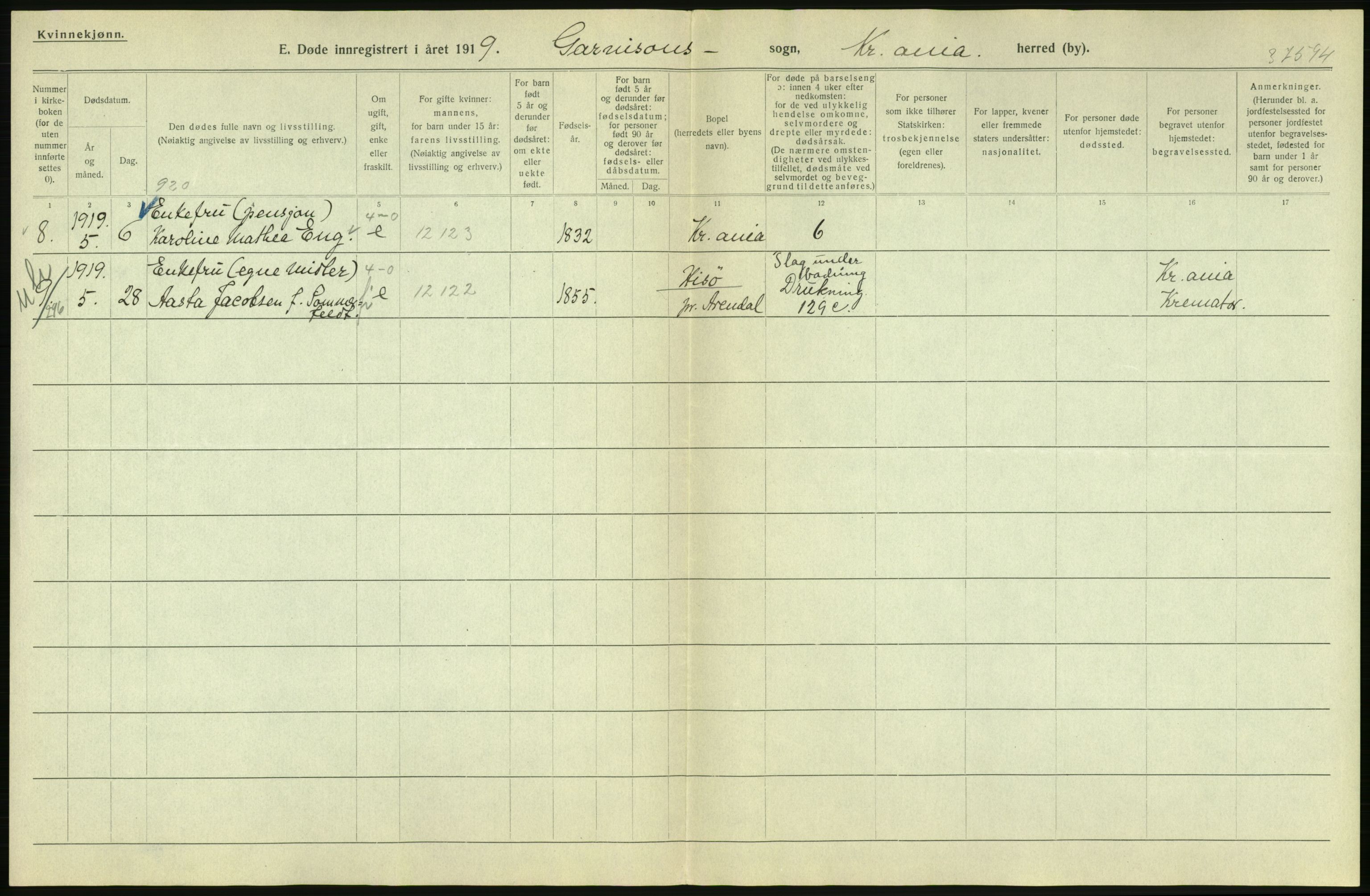 Statistisk sentralbyrå, Sosiodemografiske emner, Befolkning, AV/RA-S-2228/D/Df/Dfb/Dfbi/L0010: Kristiania: Døde, 1919, p. 760