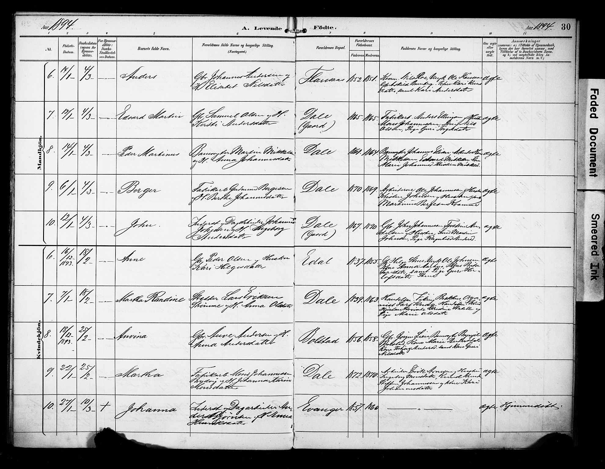 Evanger sokneprestembete, SAB/A-99924: Parish register (official) no. A 2, 1892-1899, p. 30