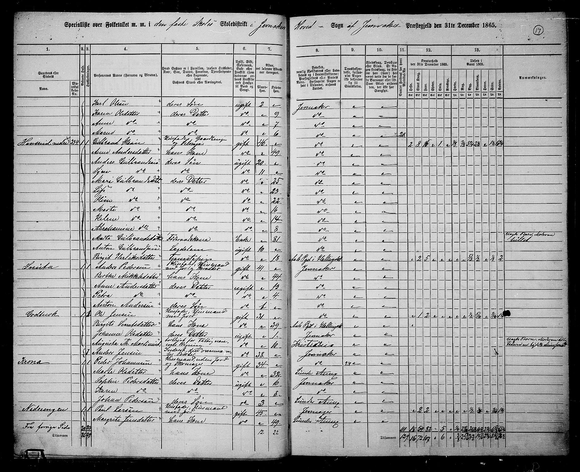 RA, 1865 census for Jevnaker, 1865, p. 16