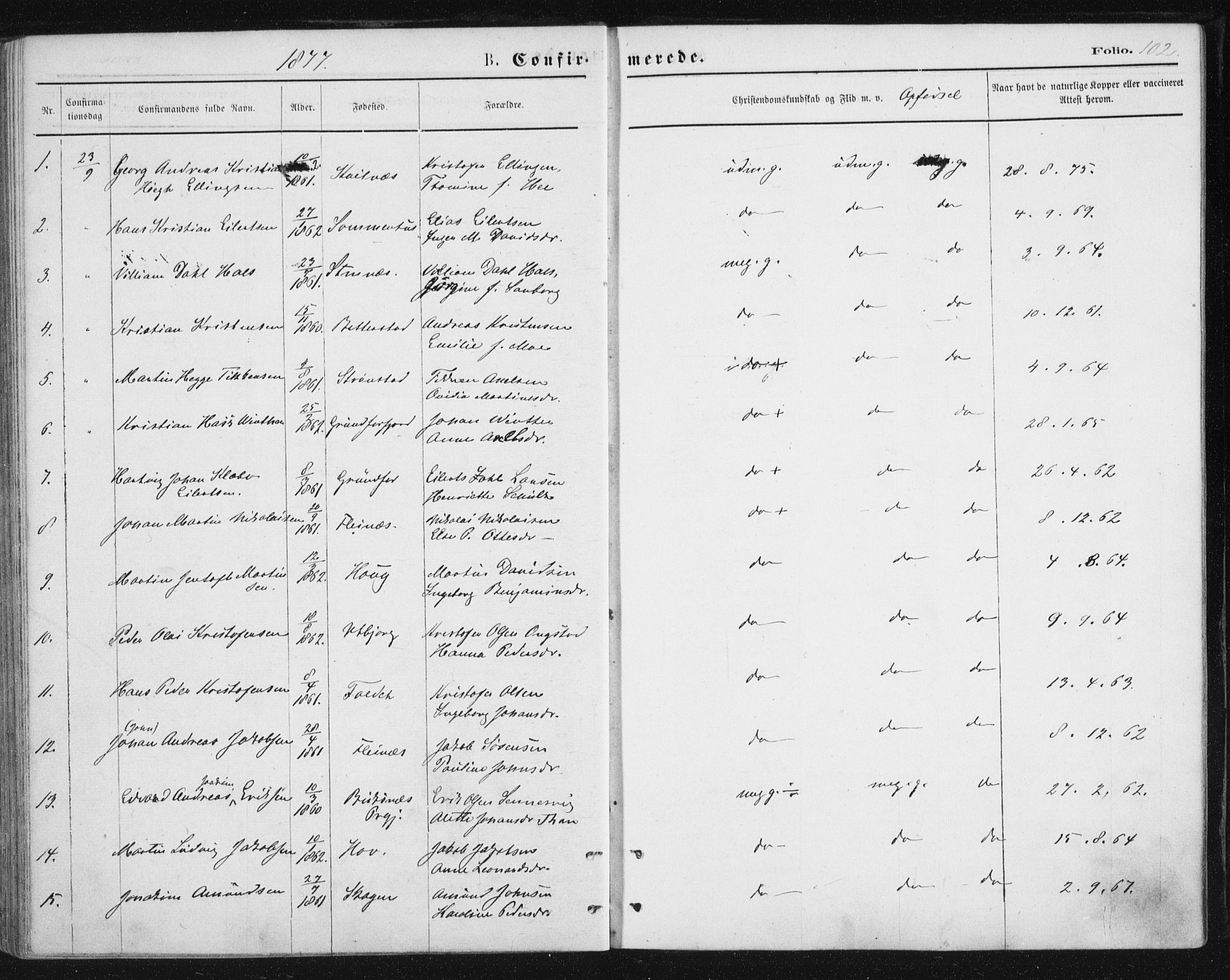 Ministerialprotokoller, klokkerbøker og fødselsregistre - Nordland, AV/SAT-A-1459/888/L1243: Parish register (official) no. 888A09, 1876-1879, p. 102