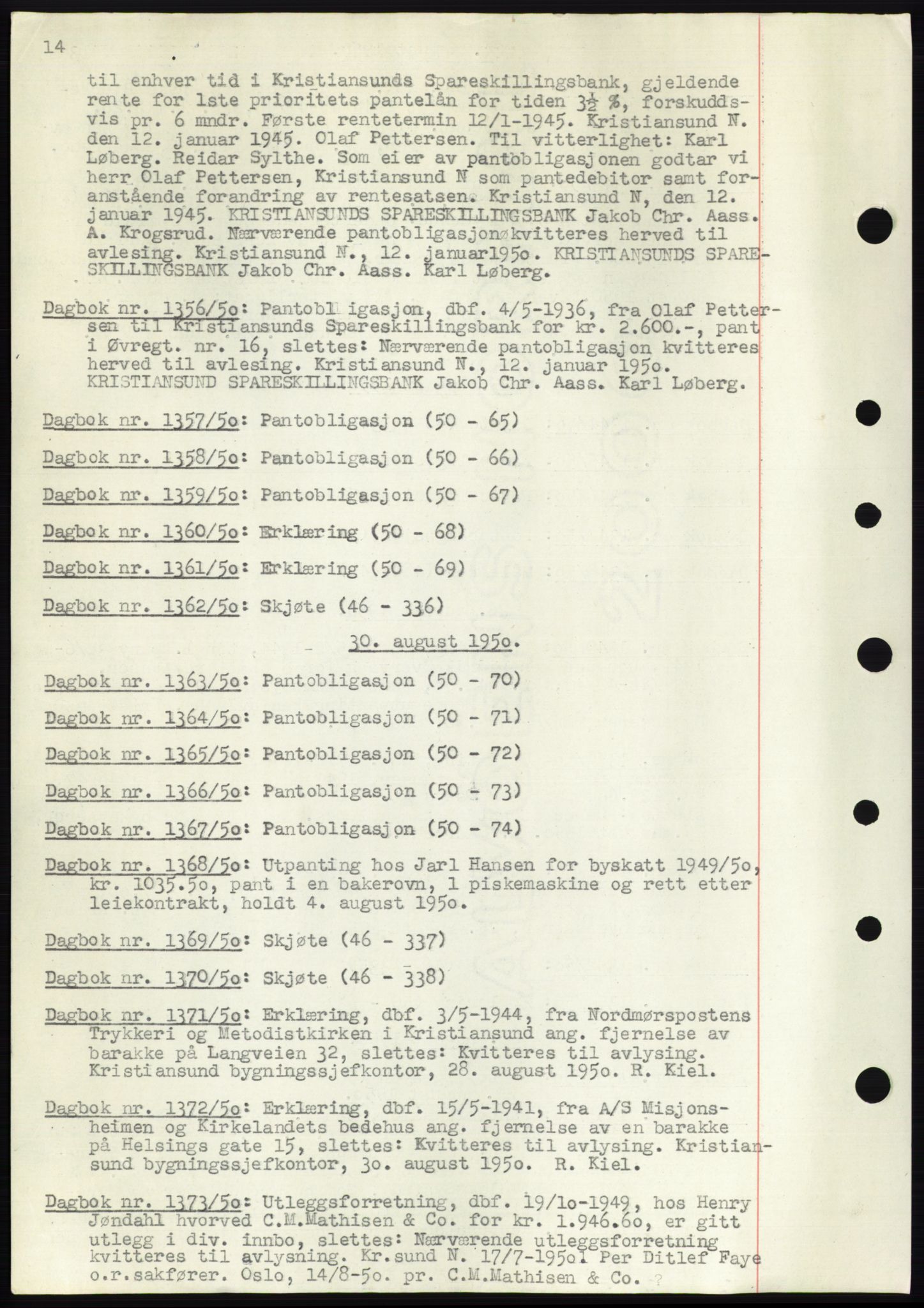 Kristiansund byfogd, AV/SAT-A-4587/A/27: Mortgage book no. 49, 1950-1950, Deed date: 30.08.1950