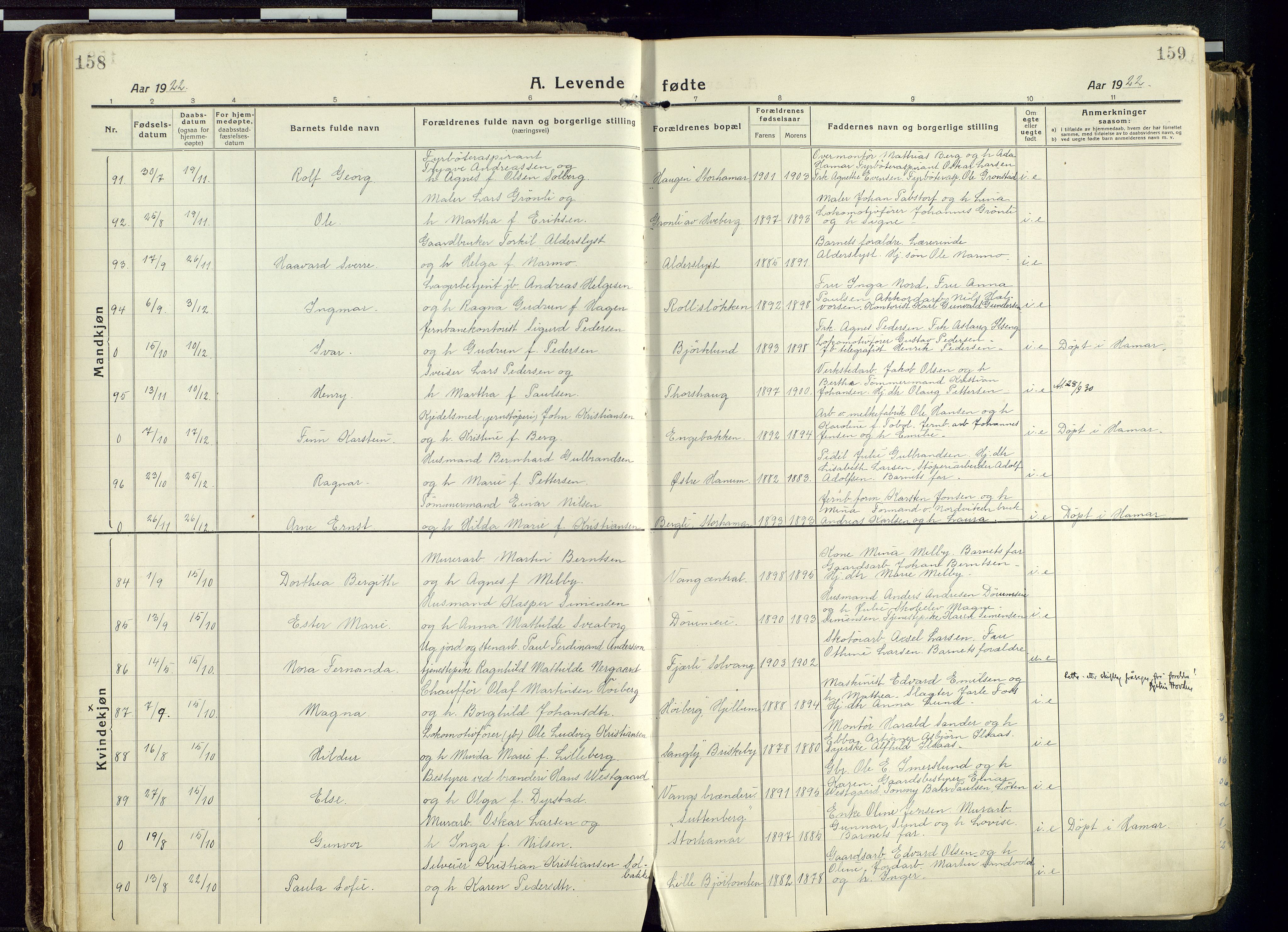 Vang prestekontor, Hedmark, SAH/PREST-008/H/Ha/Haa/L0022: Parish register (official) no. 22, 1918-1944, p. 158-159