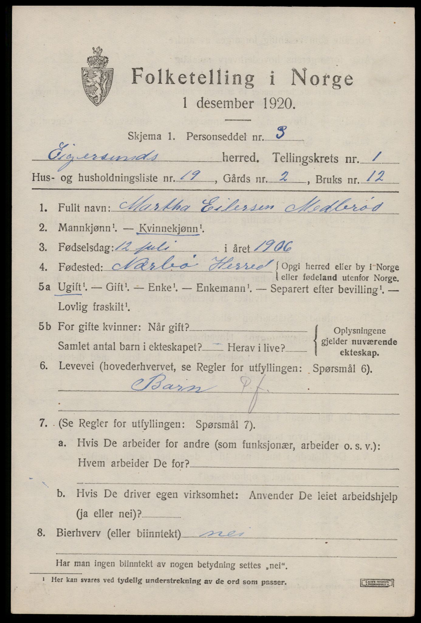 SAST, 1920 census for Eigersund, 1920, p. 1383