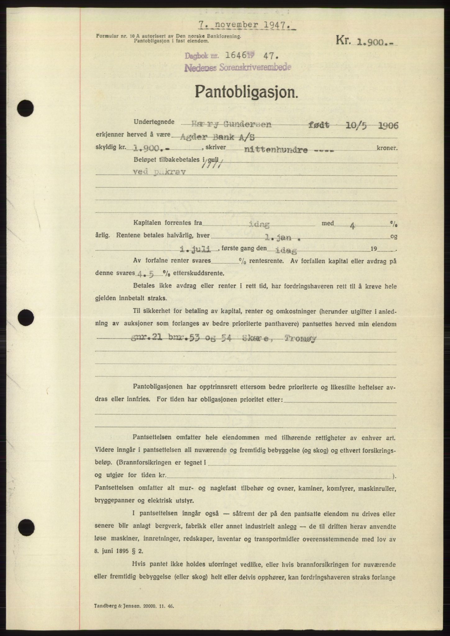 Nedenes sorenskriveri, AV/SAK-1221-0006/G/Gb/Gbb/L0004: Mortgage book no. B4, 1947-1947, Diary no: : 1646/1947