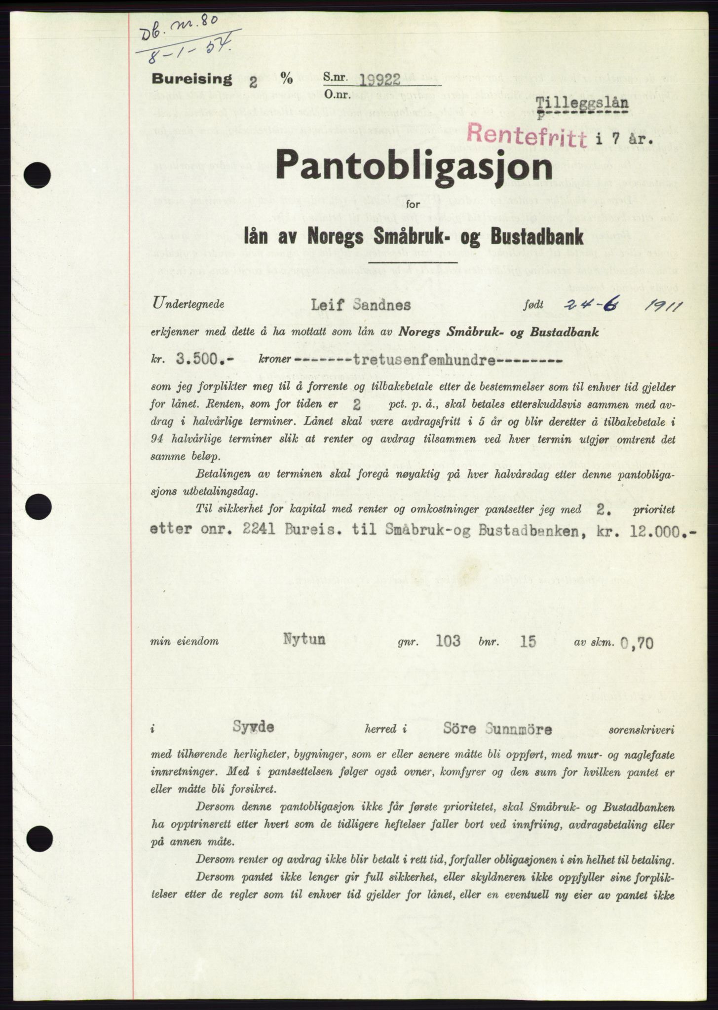 Søre Sunnmøre sorenskriveri, AV/SAT-A-4122/1/2/2C/L0124: Mortgage book no. 12B, 1953-1954, Diary no: : 80/1954