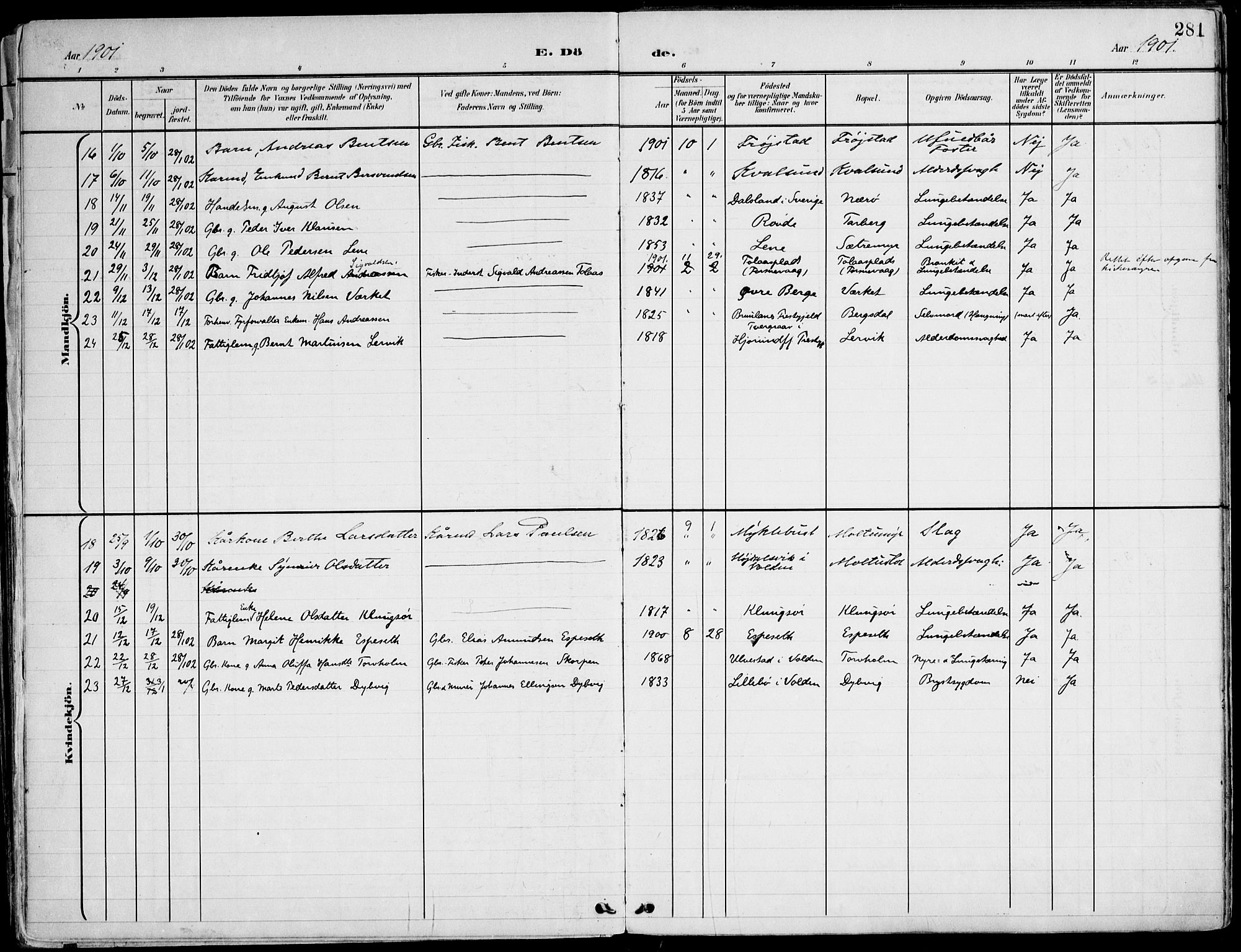 Ministerialprotokoller, klokkerbøker og fødselsregistre - Møre og Romsdal, SAT/A-1454/507/L0075: Parish register (official) no. 507A10, 1901-1920, p. 281