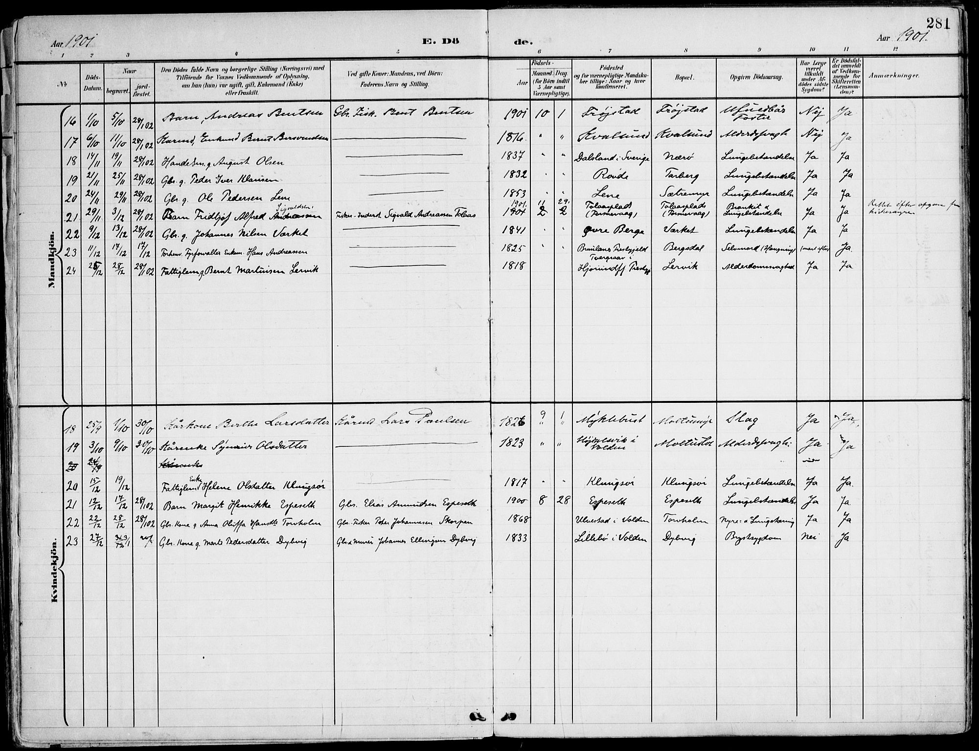 Ministerialprotokoller, klokkerbøker og fødselsregistre - Møre og Romsdal, AV/SAT-A-1454/507/L0075: Parish register (official) no. 507A10, 1901-1920, p. 281