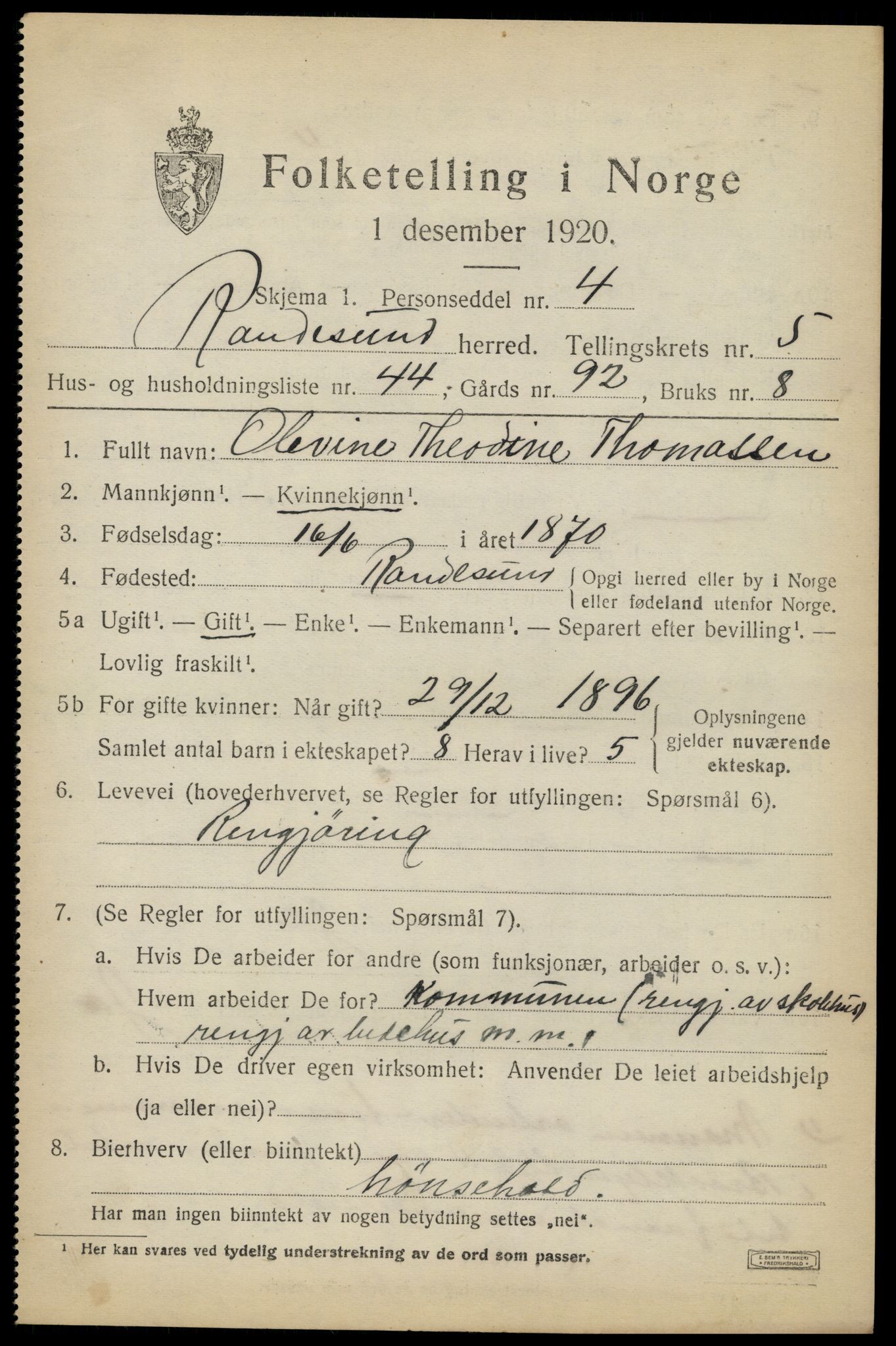 SAK, 1920 census for Randesund, 1920, p. 2726