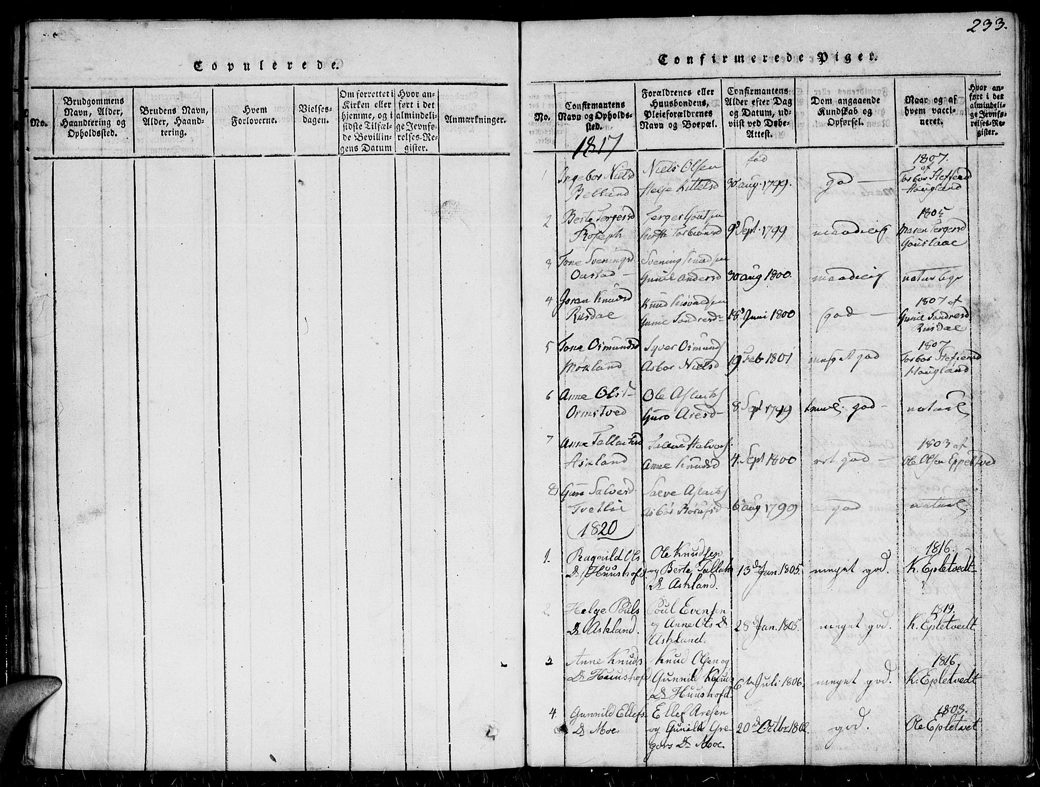 Herefoss sokneprestkontor, SAK/1111-0019/F/Fb/Fbc/L0001: Parish register (copy) no. B 1, 1816-1866, p. 233