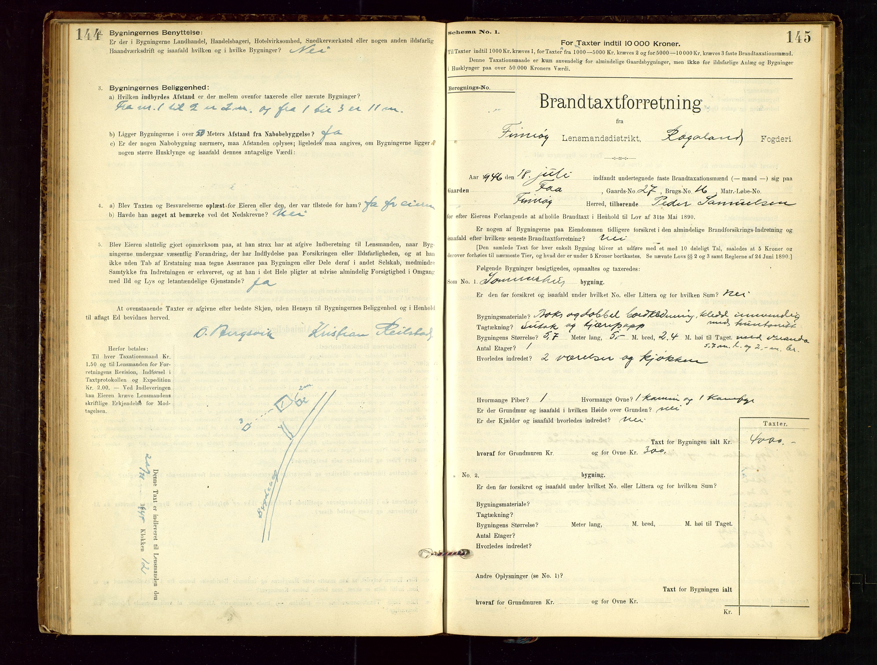 Finnøy lensmannskontor, AV/SAST-A-100442/Goa/L0003: Branntakstprotokoll - skjemaprotokoll, 1896-1954, p. 144-145