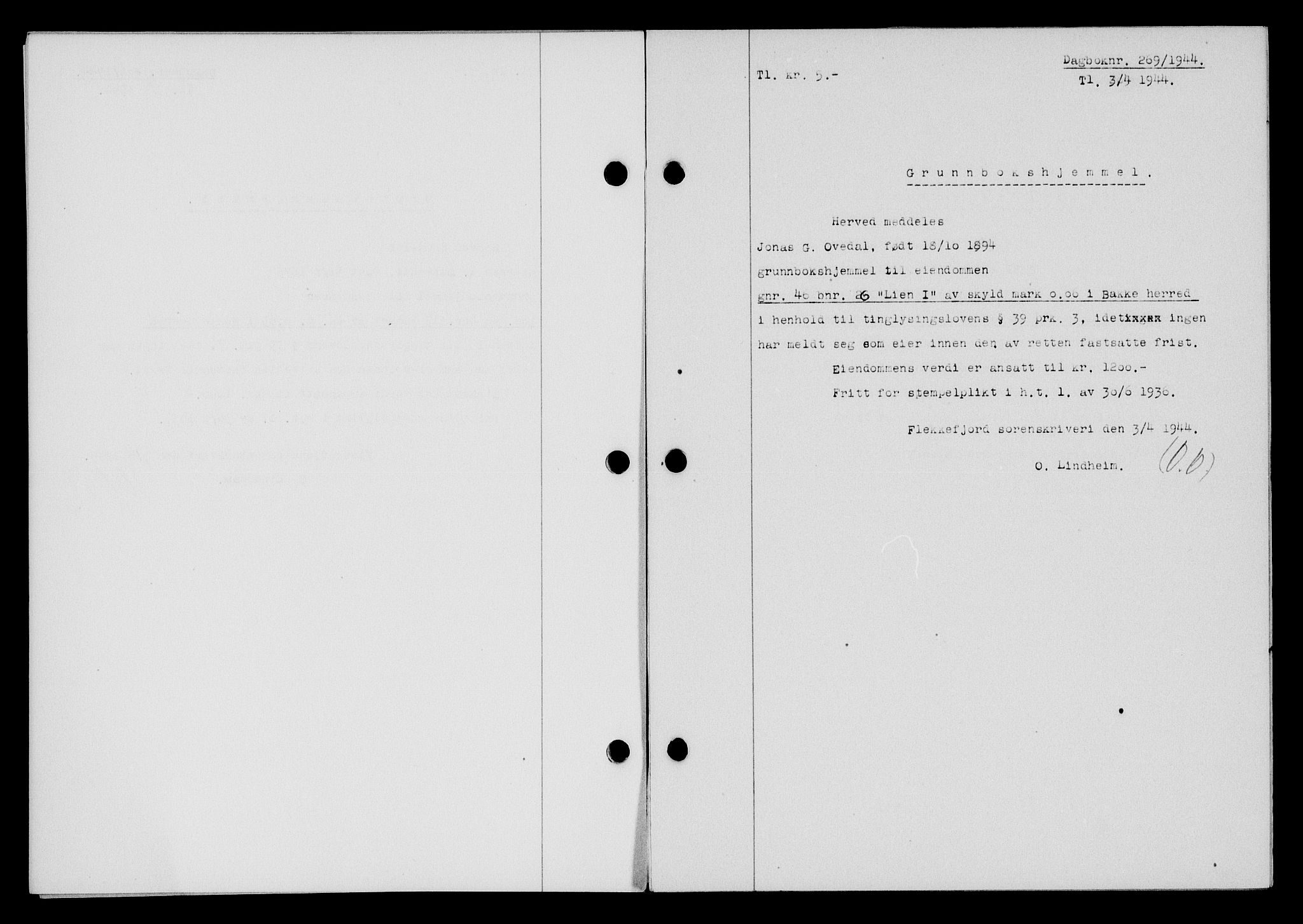 Flekkefjord sorenskriveri, SAK/1221-0001/G/Gb/Gba/L0059: Mortgage book no. A-7, 1944-1945, Diary no: : 269/1944
