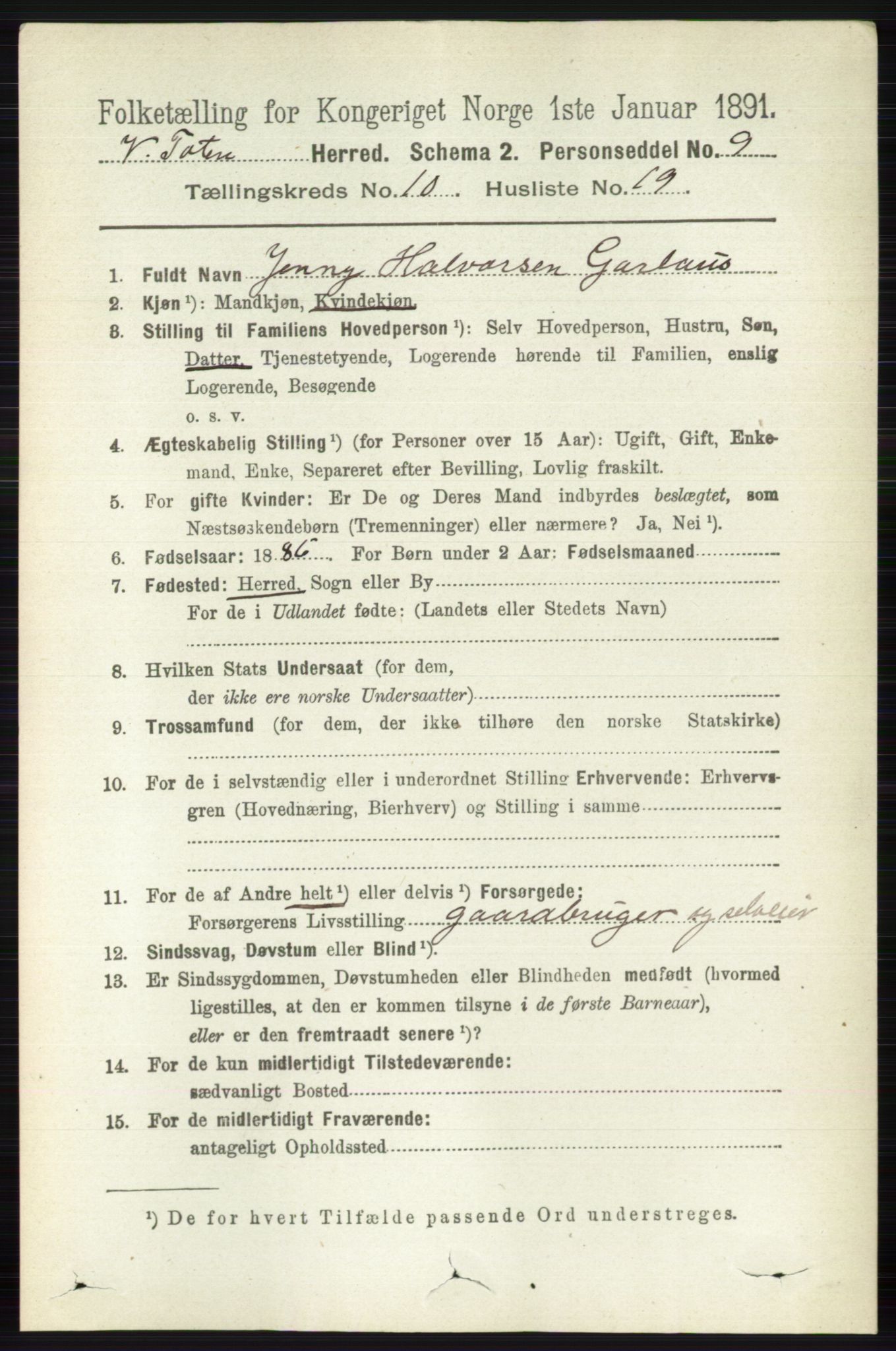 RA, 1891 census for 0529 Vestre Toten, 1891, p. 6307
